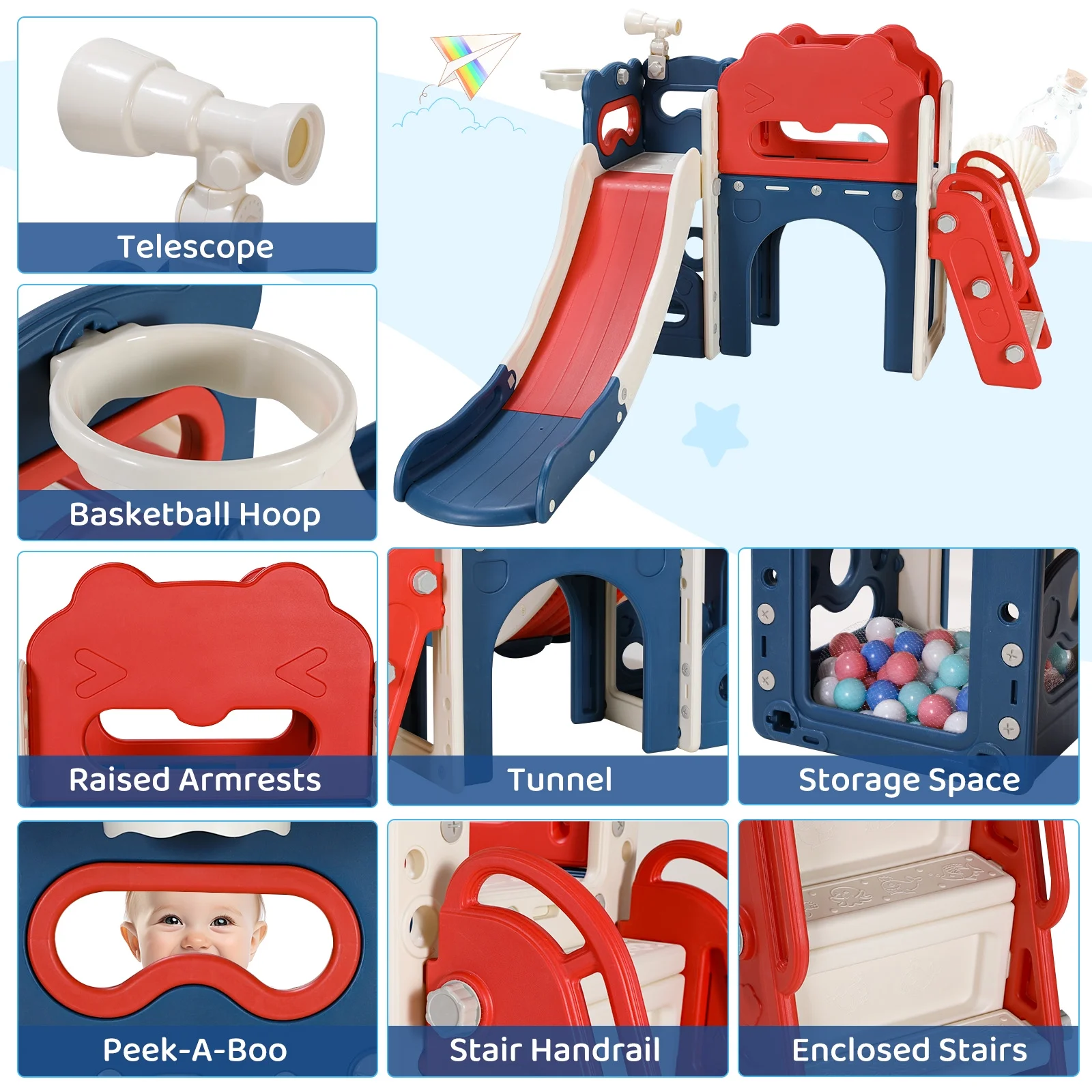 LAZY BUDDY 8-in-1 Kids Slide Playset, Toddler Slide with Climber, Indoor/Outdoor Baby Playground with Basketball Hoop, Telescope, Gift for Ages 1-8