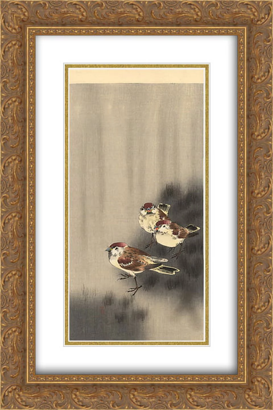 Ohara Koson 2x Matted 16x24 Gold Ornate Framed Art Print 'Three Tree Sparrows in a rain shower'