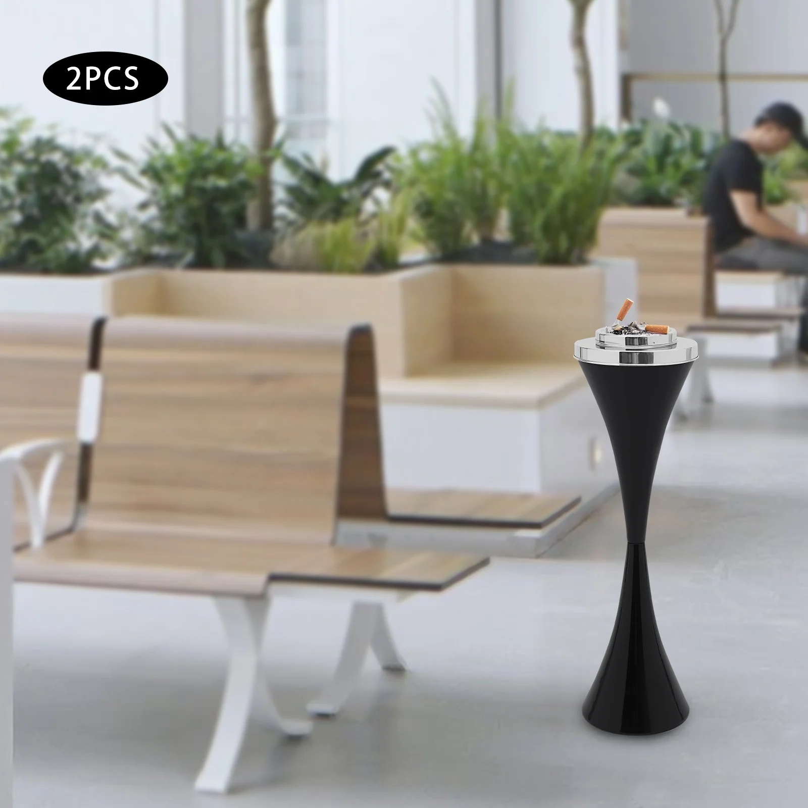 2 PCs Standing Outdoor Ashtray for Home Smokers Cigar Ash Tray Container Black
