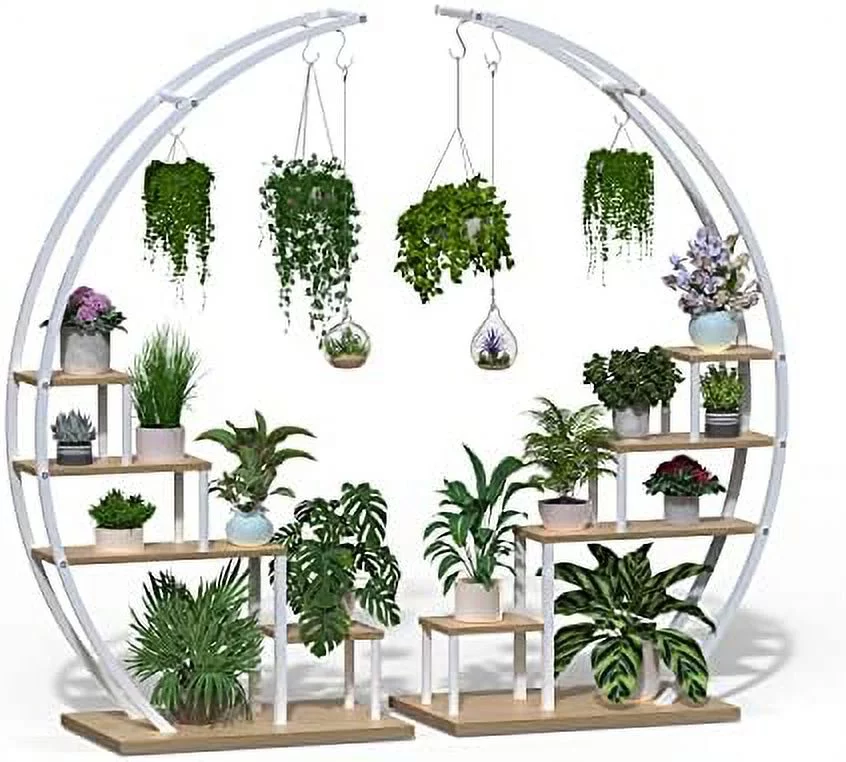5 Tier Metal Plant Stand Creative Half Moon Shape Ladder Flower Stand Rack For Home Patio Lawn Garden Balcony Holder (Half Circle White)