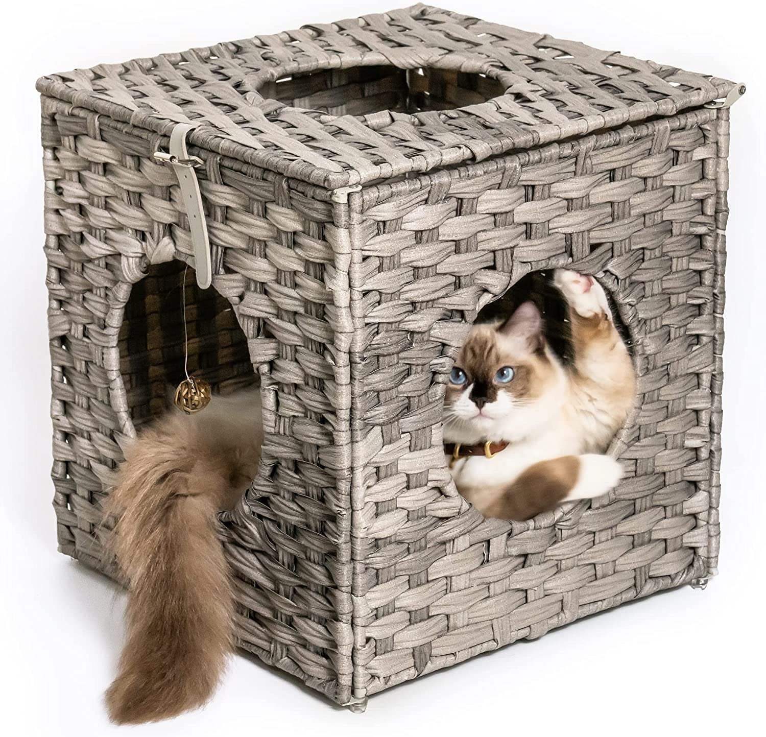 Ratten Cat House Condo with Rattan Interactive Hanging Ball Toy *4 & Cotton Cushion, Enclosed Wicker Cat Bed, Gray