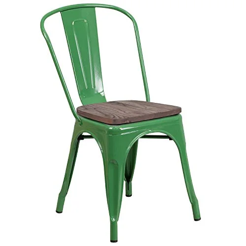 EMMA + OLIVER Green Metal Stackable Chair with Wood Seat