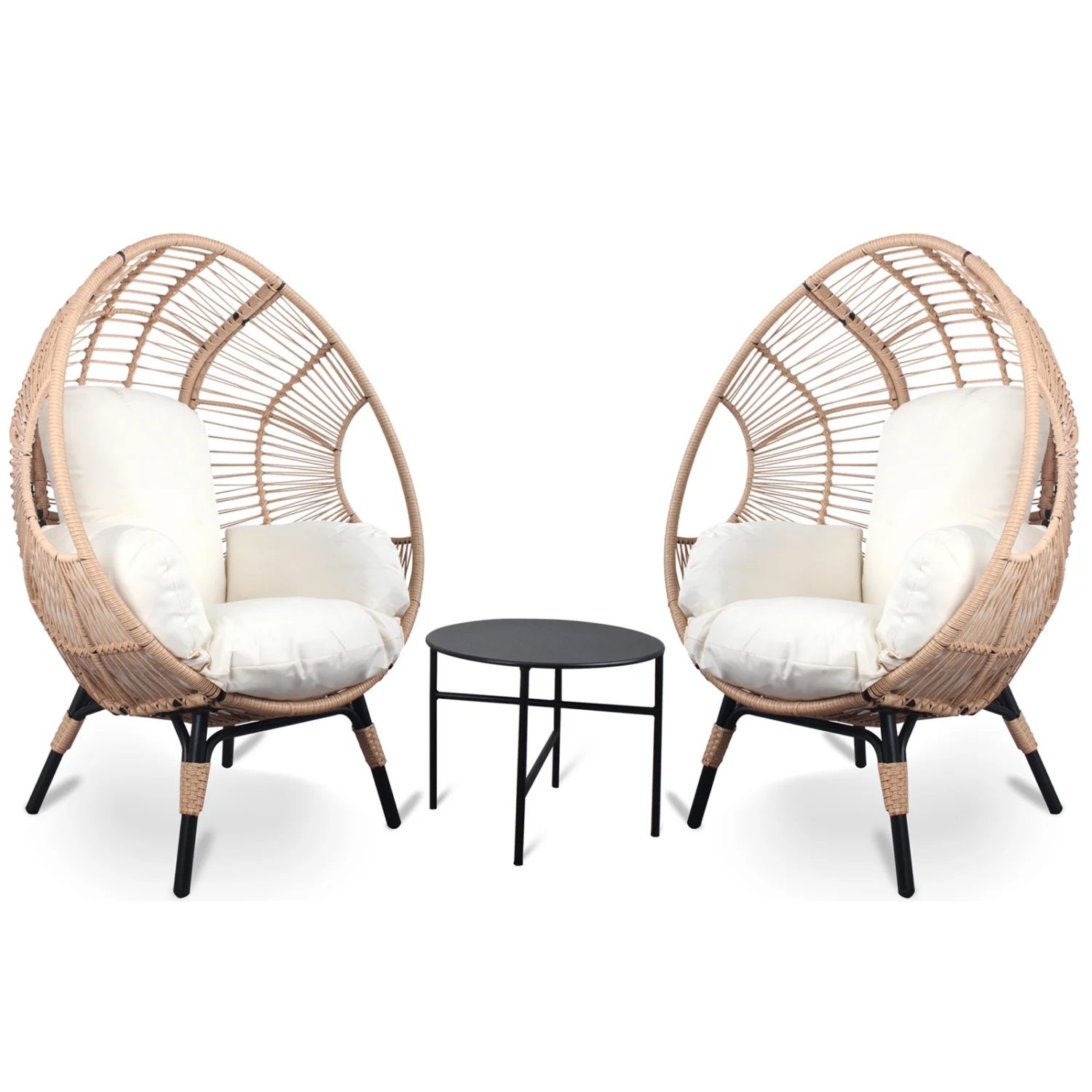 Set of 3 Stylish Patio Egg Chairs (Model 2) with Side Table  Elegant Natural Color PE Rattan and Soft Beige Cushion included for Comfort and Style