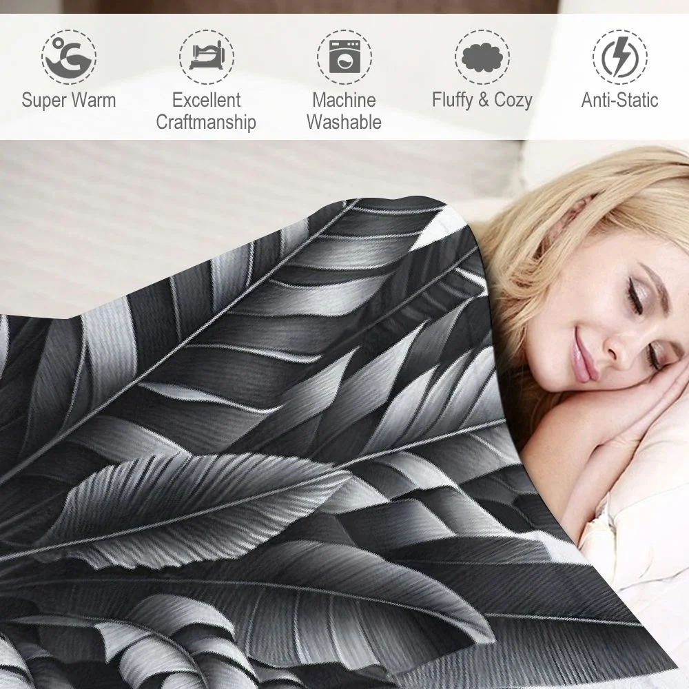 TIAOTIAOHOU Exquisite Gifts Black White Tropical Plants Monstera Leaf Areca Palm Banana Leaves Flannel Blanket Throw White