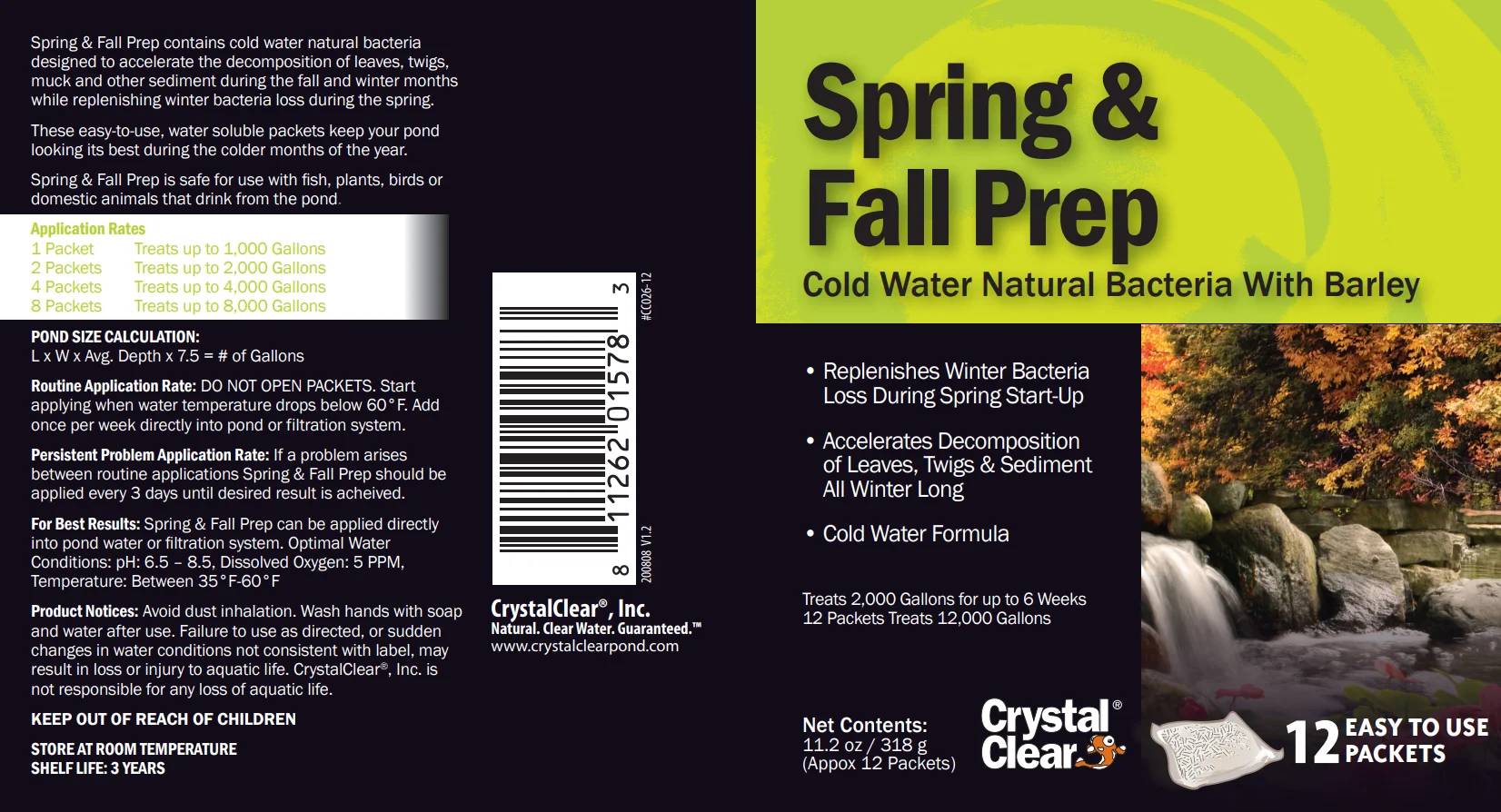 CrystalClear Spring & Fall Prep - Cold Water Natural Bacteria With Barley - 12 Packets Treats Up To 12,000 Gallons