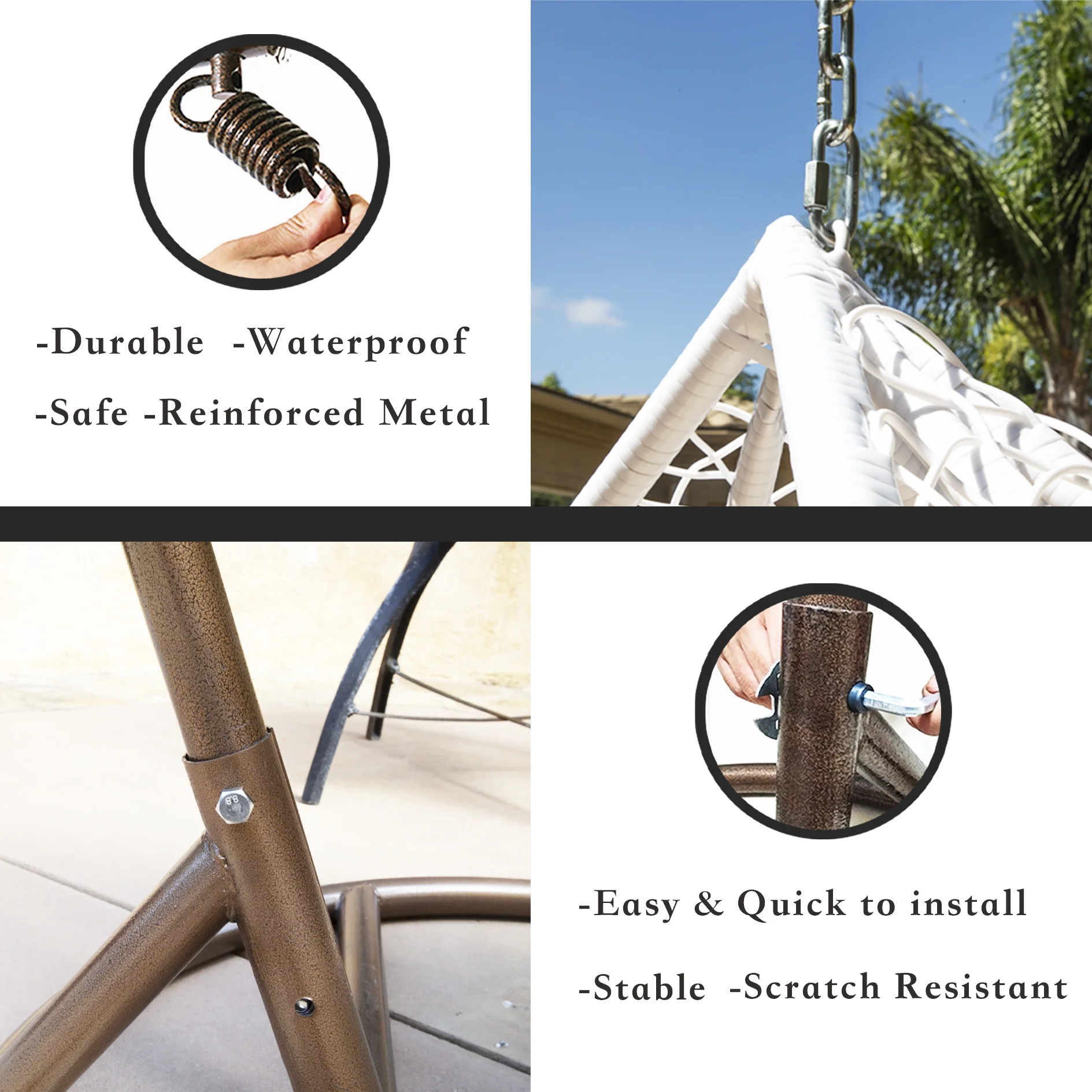 Wicker Rattan Hanging Swing Chair with White Metal Stand and Cushion