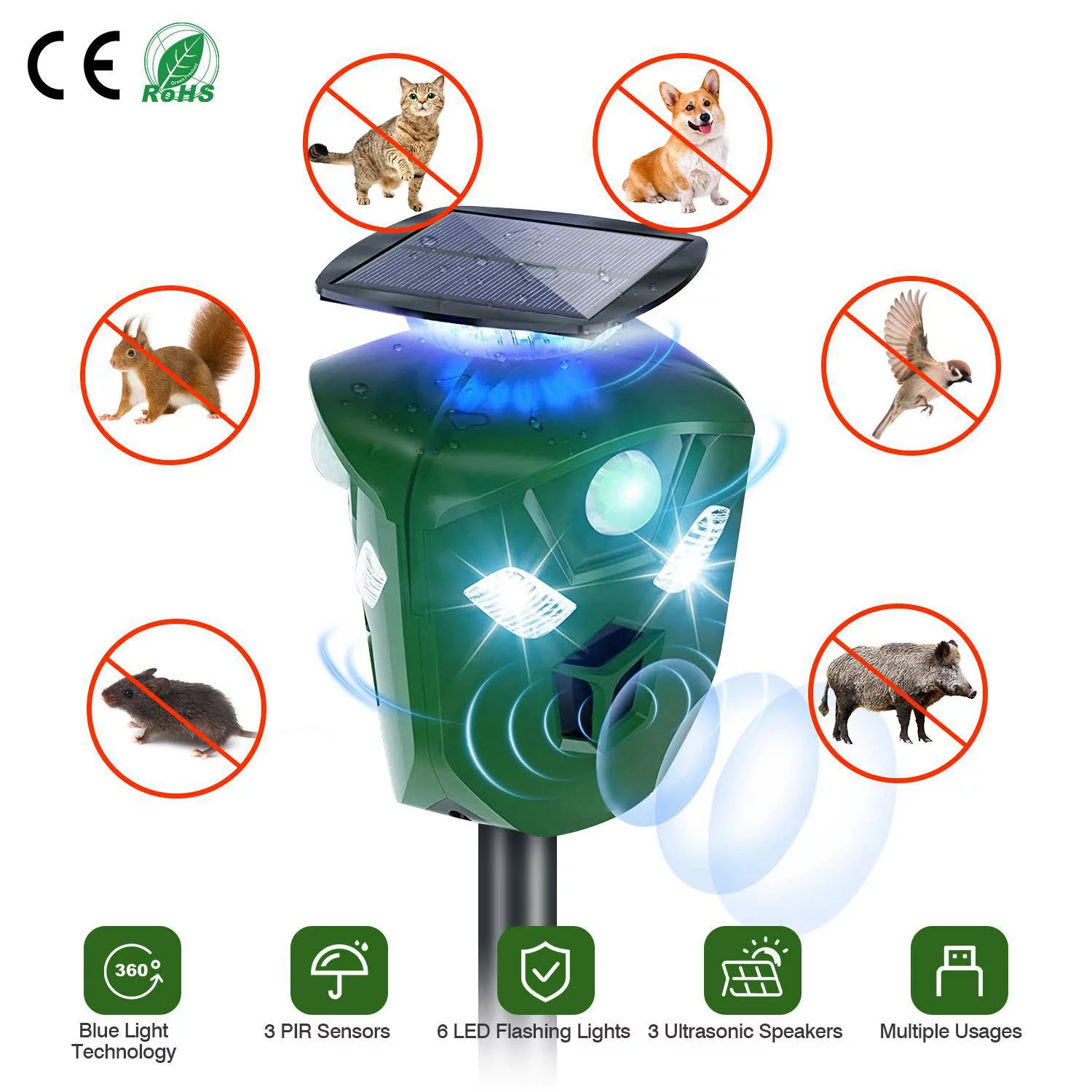Moclever Solar Animal Repeller, 360° Ultrasonic Animal Repeller with Motion Sensor LED Flashing Lights Waterproof Outdoor Pest Repellent for Farm Garden, Green