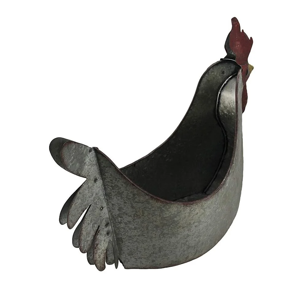 Galvanized Grey Metal Rooster Indoor Outdoor Planter - Farmhouse Garden Decor 15 Inches Long