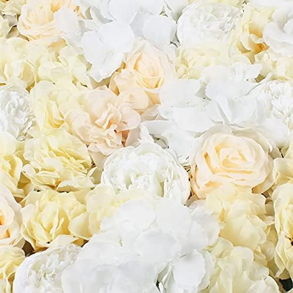 BIUBAIDAO Artificial Flower Wall Panels Backdrop 6PCS 23.62''x15.75''x0.79'' White Rose Champagne Peony Eucalyptus Flower Wall Backdrop Silk Fabric Floral Wall Mat