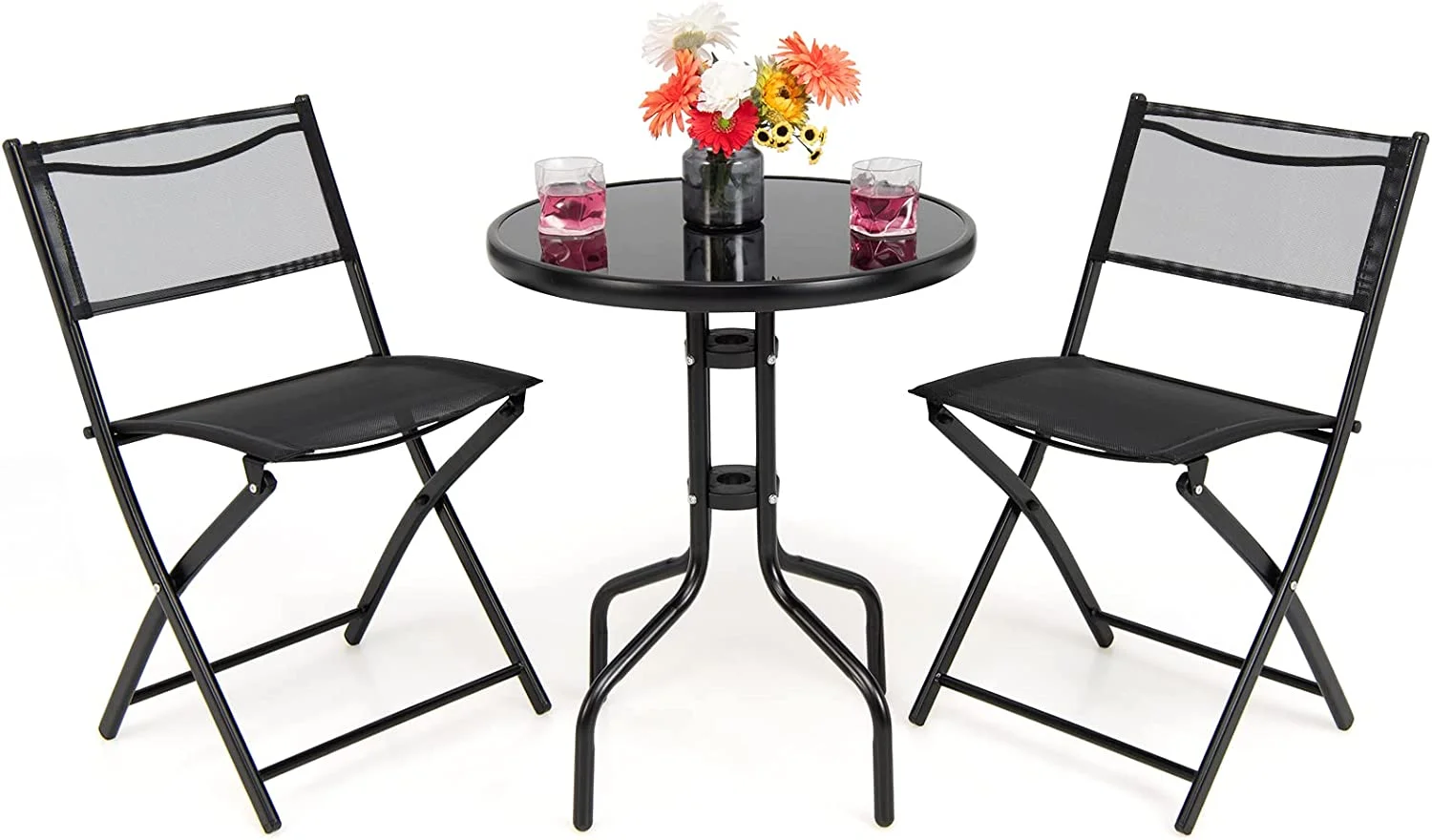 3 Pieces Folding Patio Bistro Set, Outdoor Folding Chairs & Table Set with Tempered Glass Tabletop, Round Table & Foldable Chairs, Outdoor Furniture Set for Garden, Poolside & Backyard