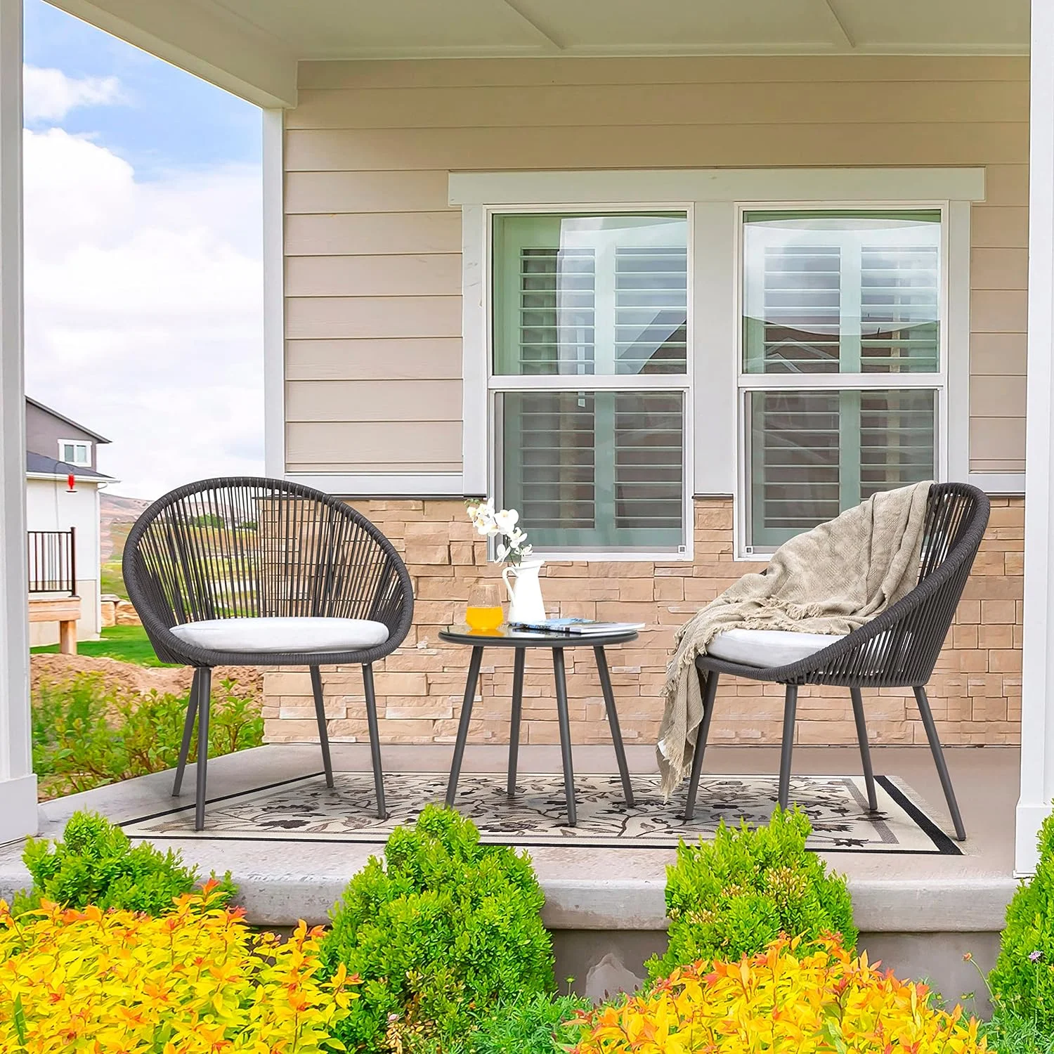 3 Piece Outdoor Bistro Set, Woven Rope Conversation Patio Set, All Weather Patio Furniture Chairs And Table With Cushions For Garden, Deck, Backyard, Balcony, Porch, Dark Gray