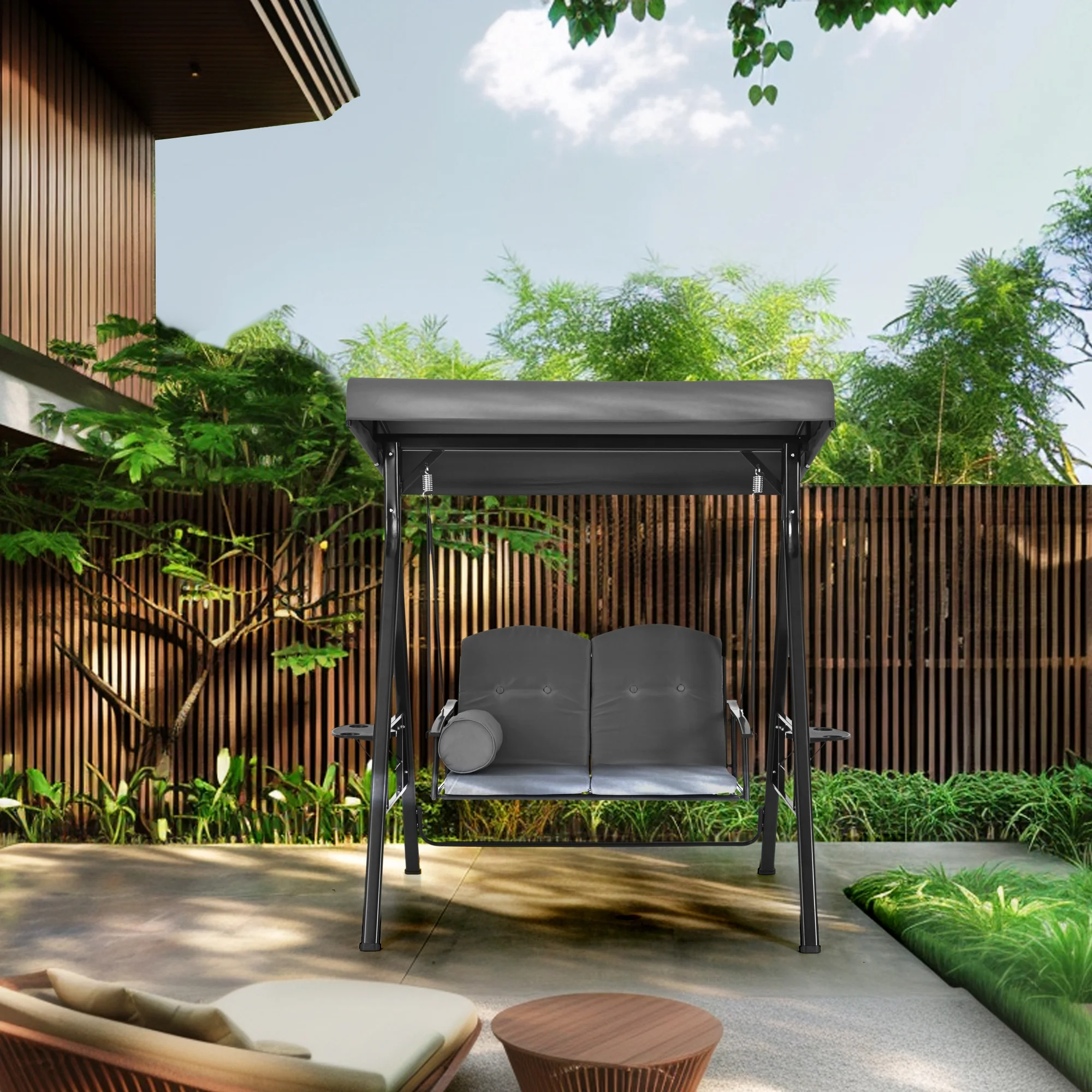 2-Person Gray Metal Patio Swing with Canopy and Cushion