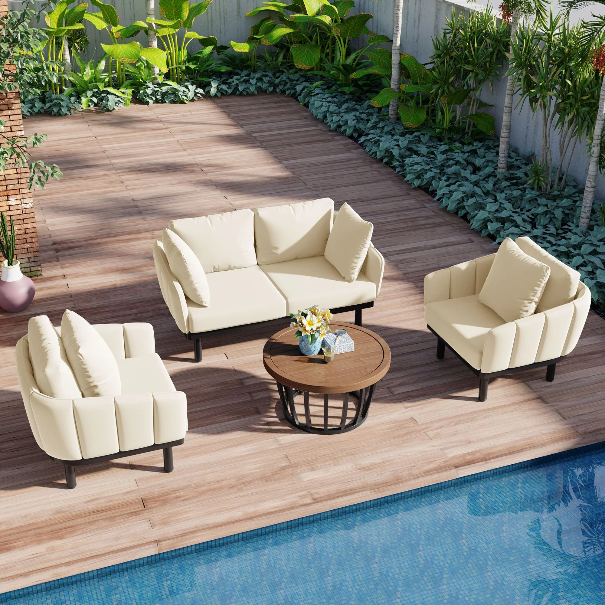 4-Piece Luxury Iron Frame Furniture, Modern Garden Sectional Sofa Set with Acacia Wood Round Coffee Table for Backyard, Deck, Poolside, Indoor Use