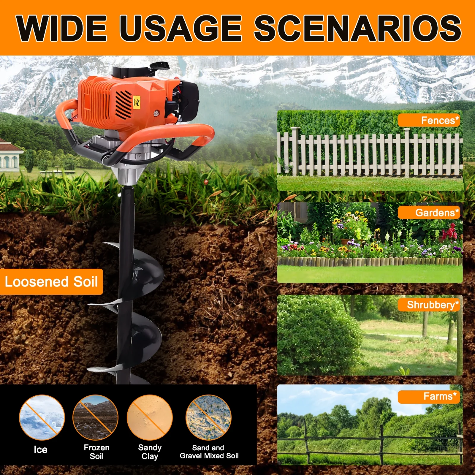 JSTUOKE 62cc 2100W Post Hole Digger 2 Stroke Petrol Gas Powered Earth Digger with 2 Auger Drill Bits ( 6