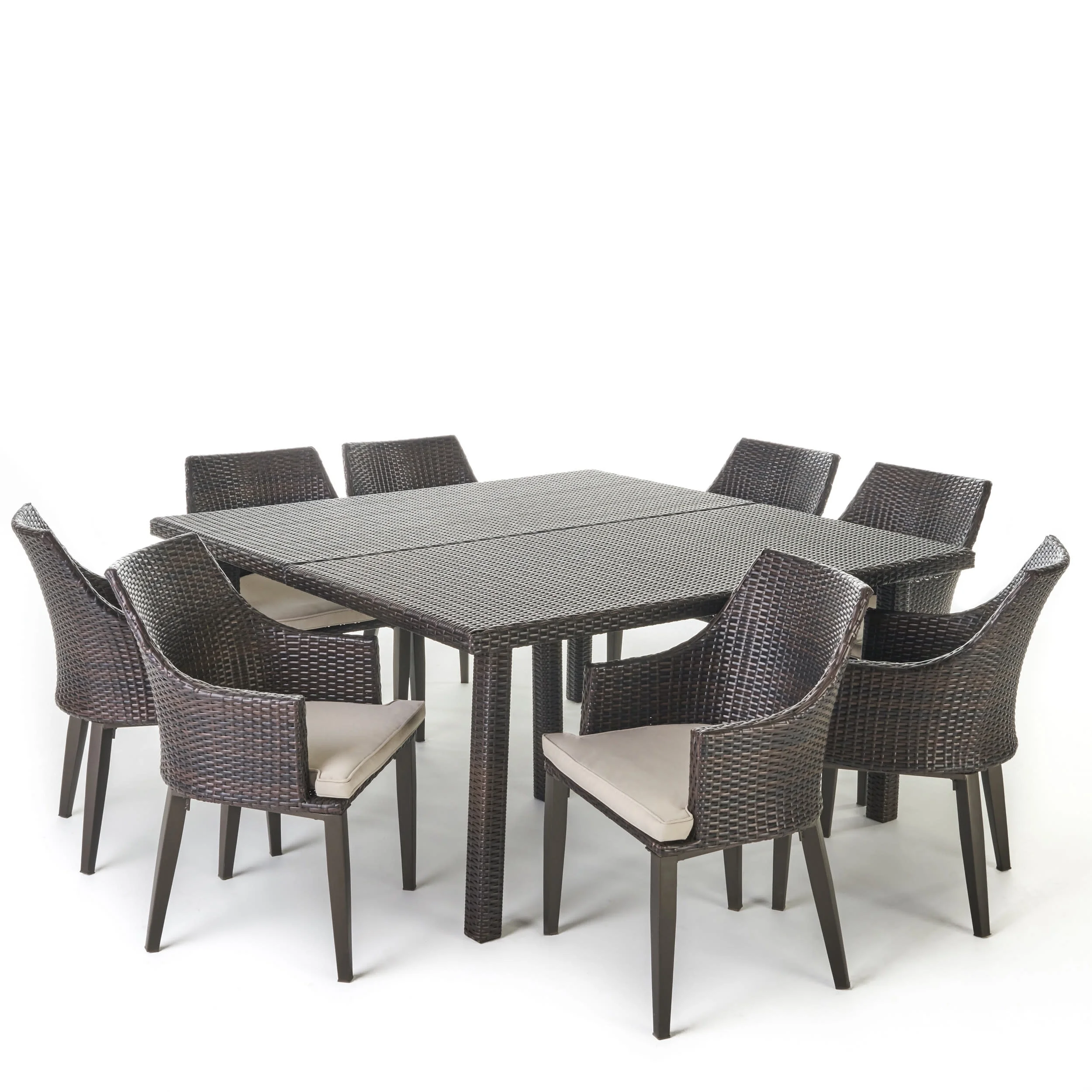 GDF Studio Wilshire Outdoor Wicker 9 Piece Square Dining Set with Cushion, Multibrown and Light Brown