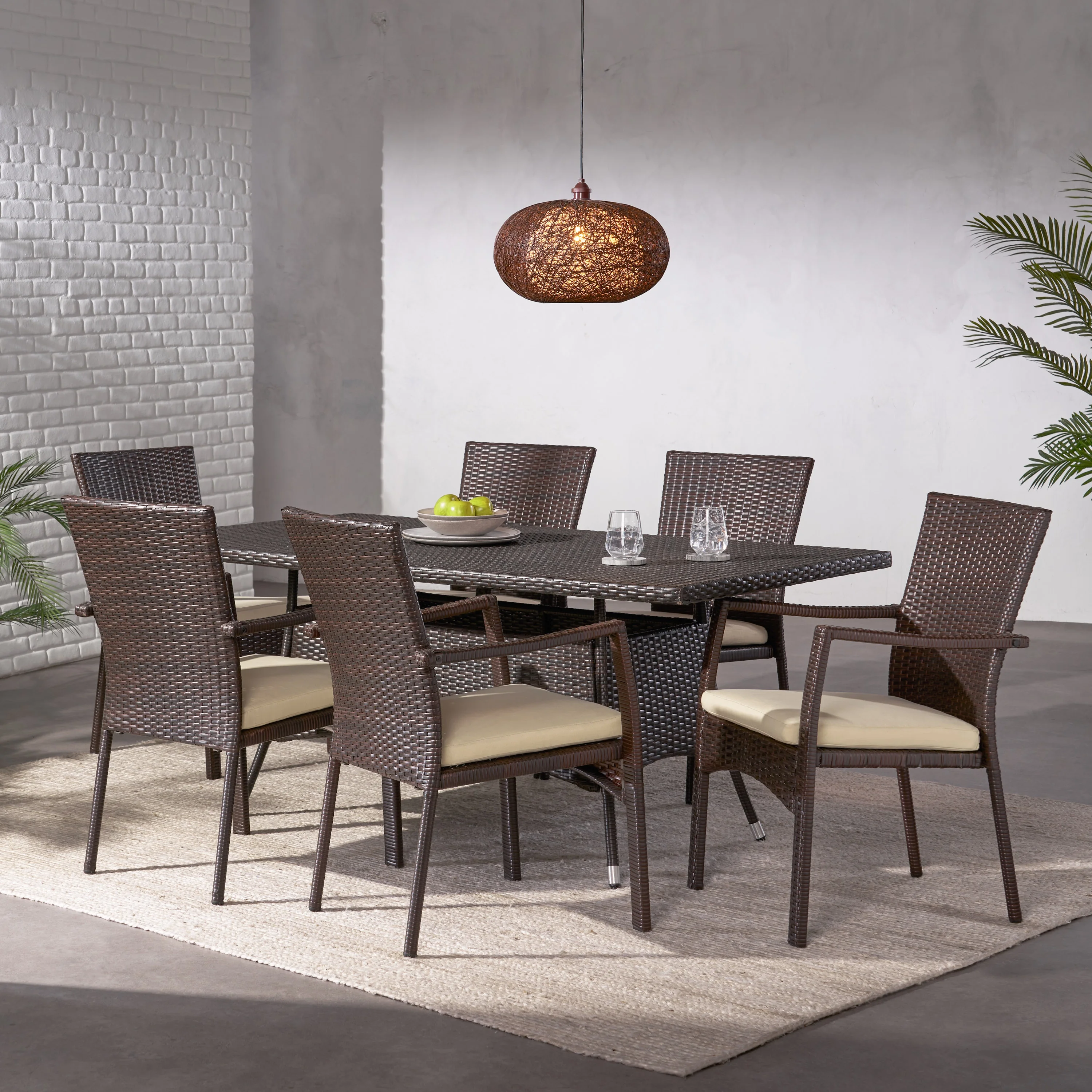 Larson 7 Piece Outdoor Rectangular Wicker Dining Set, Multibrown