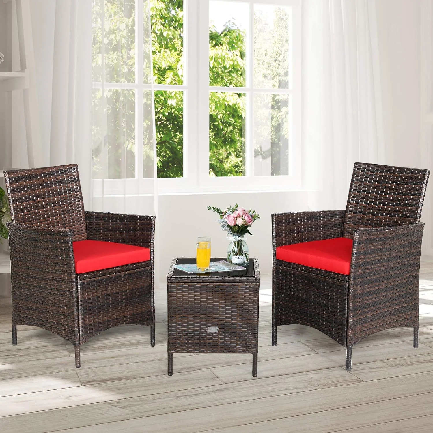 3 Pieces Patio Rattan Furniture Set With Glass Coffee Table & Cushions Outdoor Conversation Set For Poolside Balcony Backyard Lawn Porch 3 Pieces PE Rattan Patio Set (Red)