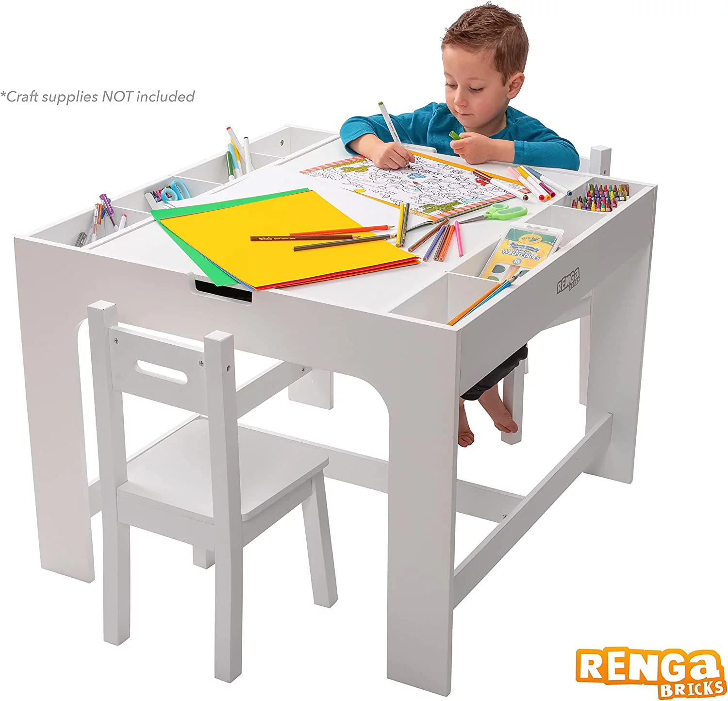 Kids 2 in 1 Play Table and 2 Chair Set with Storage, Compatible with Lego and Duplo Bricks, Activity Table Playset Furniture with Modern White Color