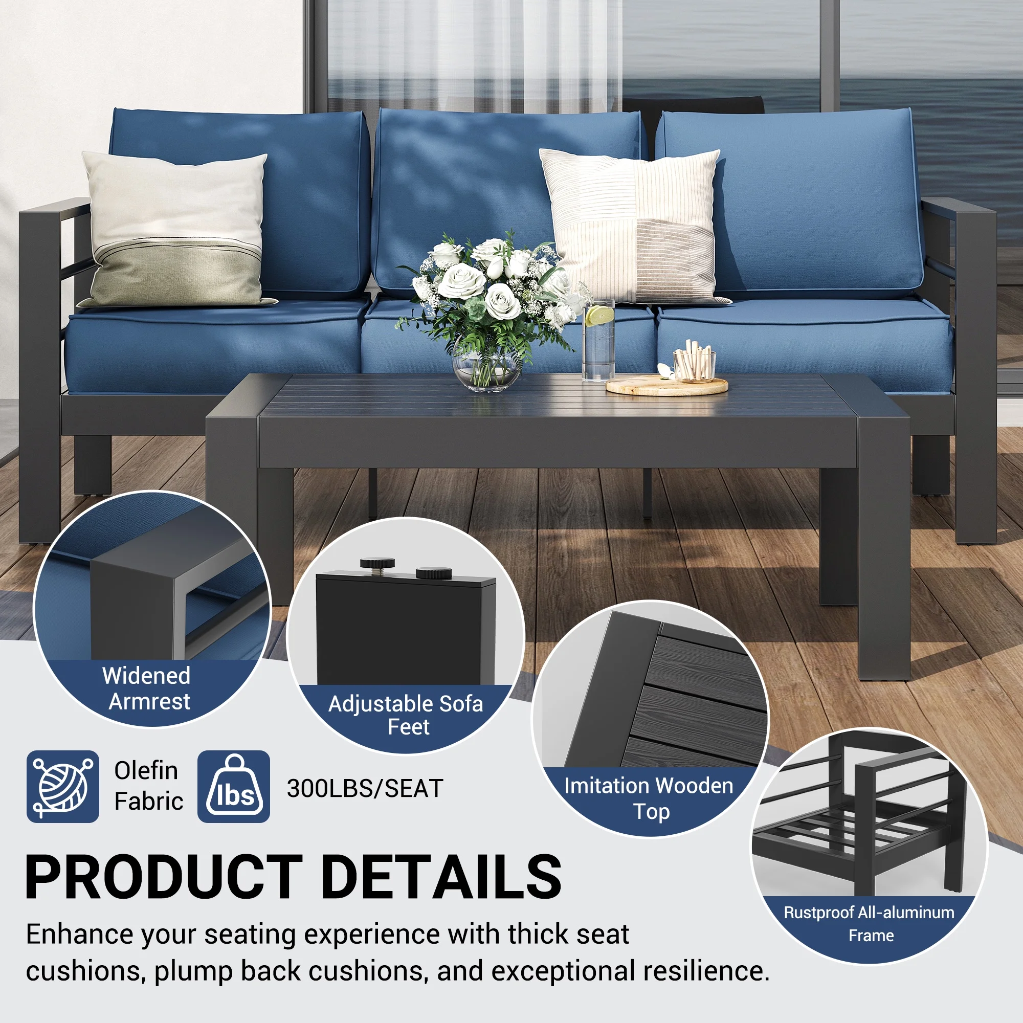 ECOPATIO Oversized Patio Furniture Aluminum Loveseat, All-Weather Outdoor 2 Seats Sofa Couch, Modern Metal Chair w/ 5 Inch Cushions,Black and Blue