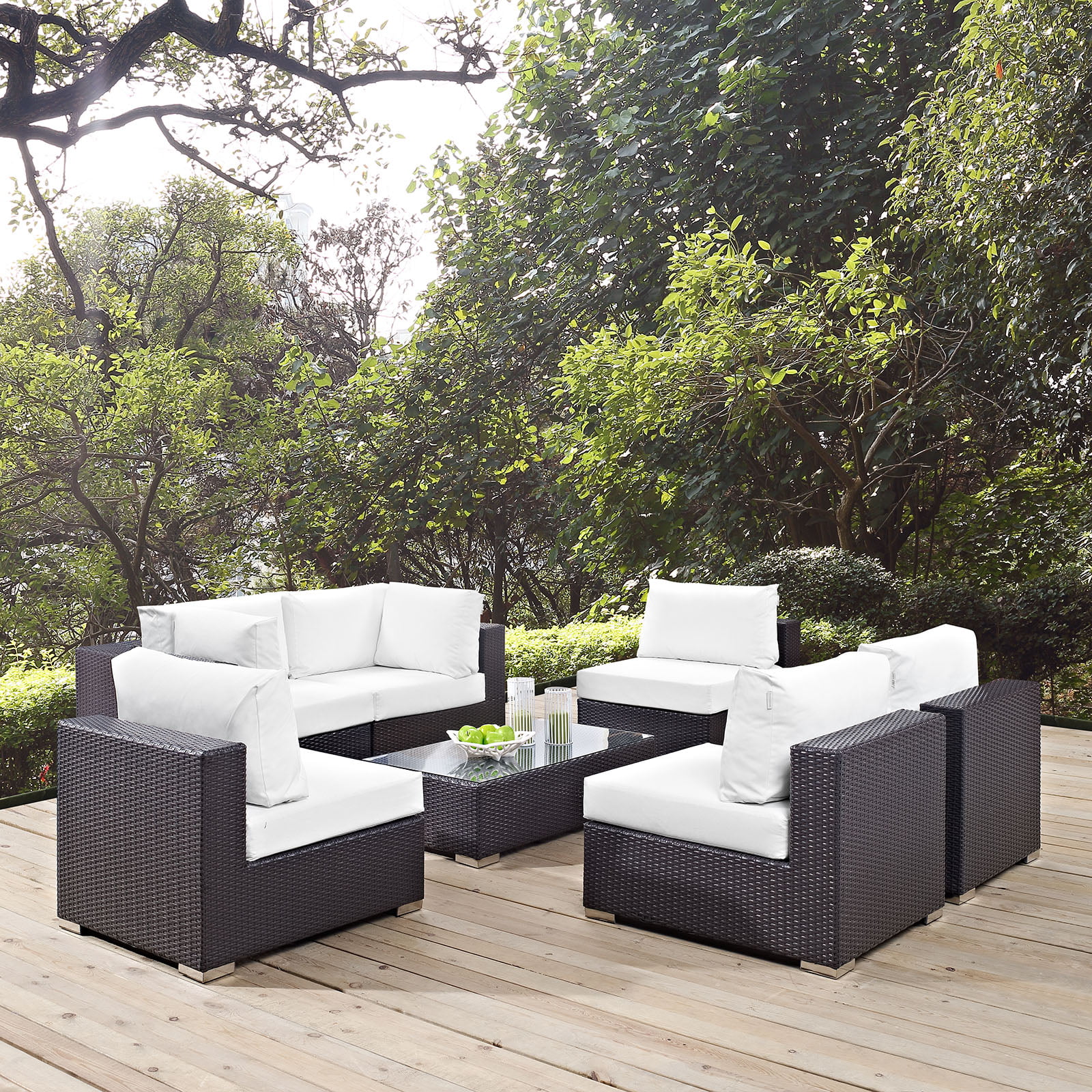 Modern Contemporary Urban Design Outdoor Patio Balcony Seven PCS Sectional Sofa Set, White, Rattan