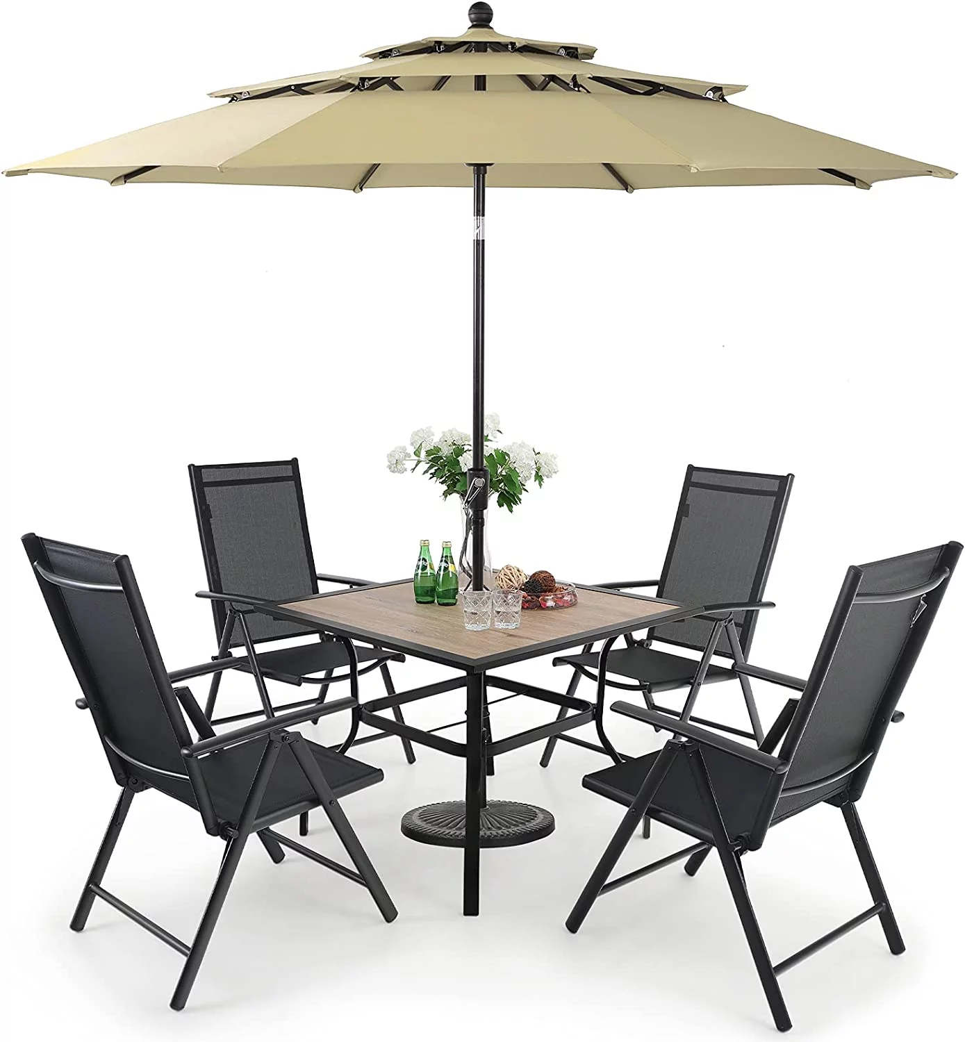 & William Outdoor 6 Pieces Dining Set with 4 Rattan Chairs  1 Wood-Like Metal Table and 1 10ft 3 Tier Auto-tilt Umbrella(No Base) Red  Modern Patio Furniture for Poolside  Porch  Pati