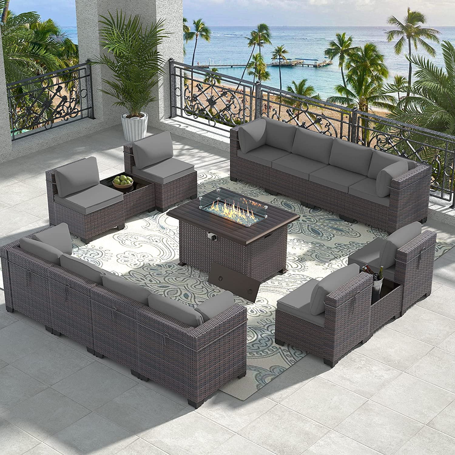 Outdoor Patio Furniture Set  14 Pieces Outdoor Furniture All Weather Patio Sectional Sofa PE Wicker Modular Conversation Sets with Coffee Table 12 Chairs & Seat Clips(Sand)