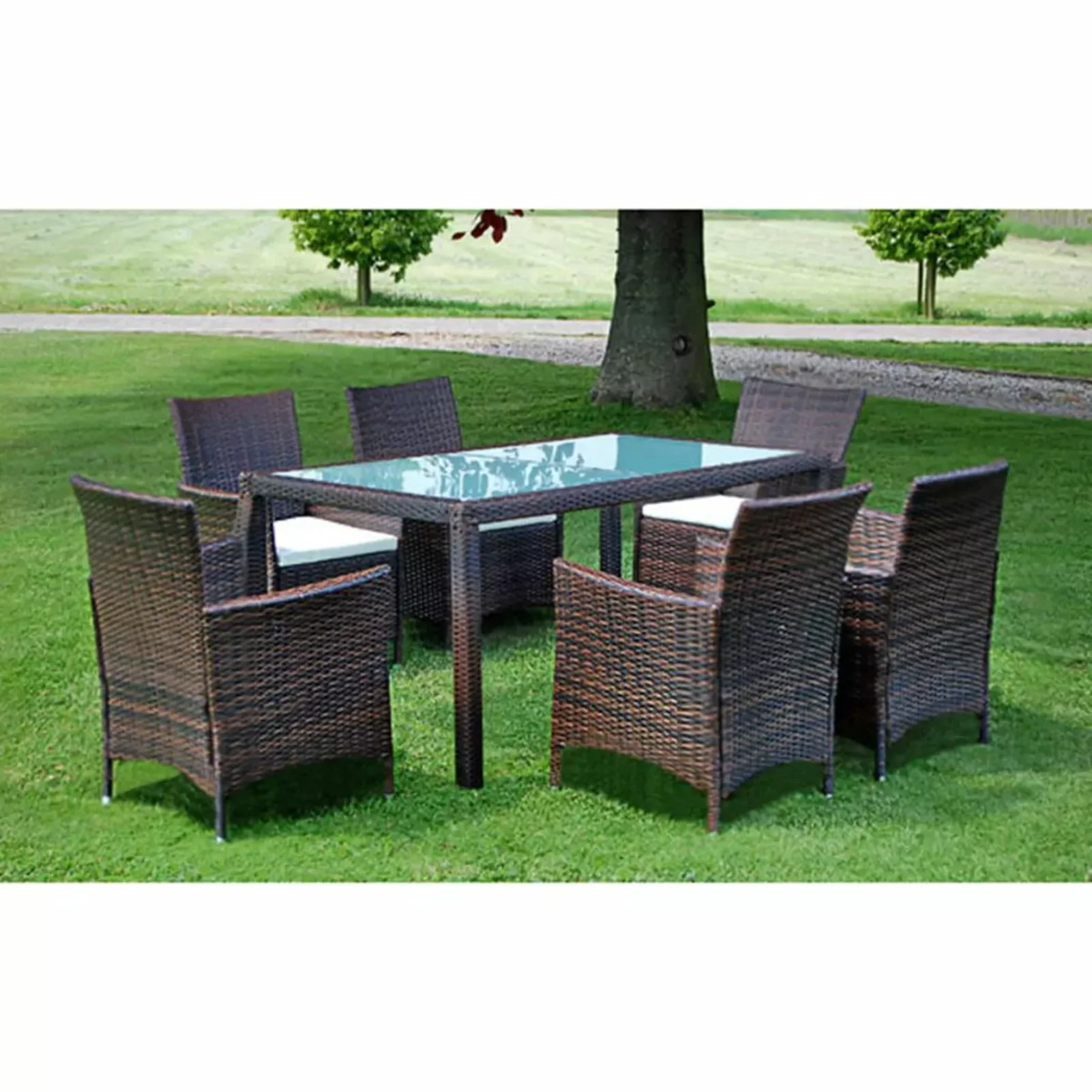 Carevas 7 Piece Patio Dining Set with Cushions Poly Rattan Brown
