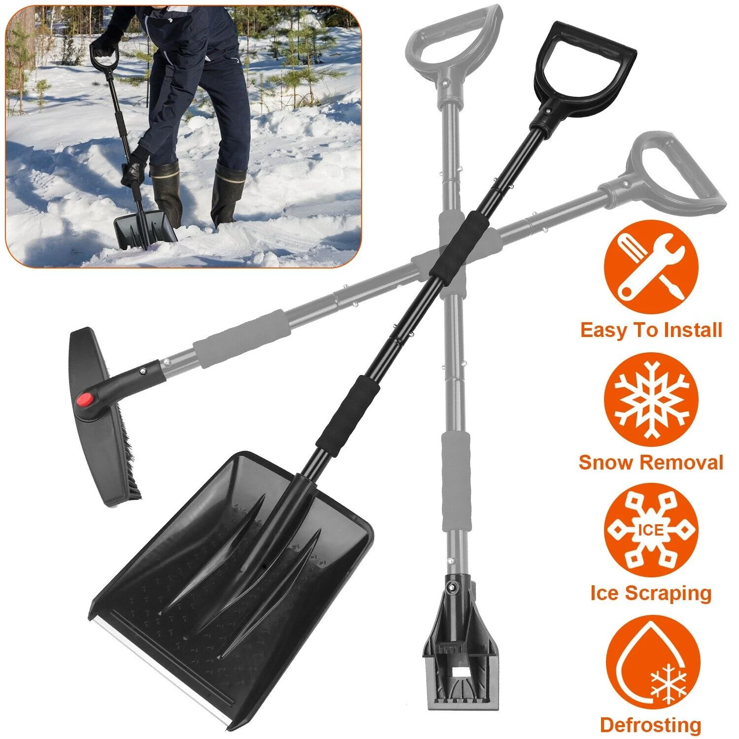 3 In 1 Snow Shovel Kit Brush Ice Scraper Design Snow Removal Collapsible Brush