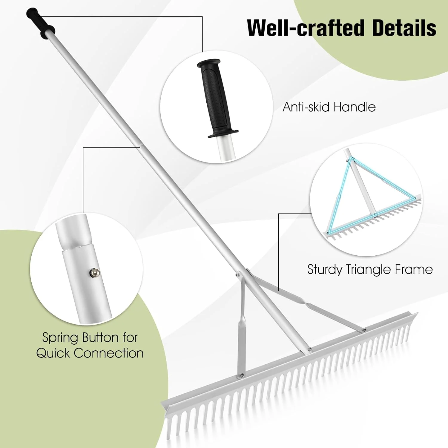 Landscape Rake 36 Inch, Aluminum Rake Head w/36 Tines and 68