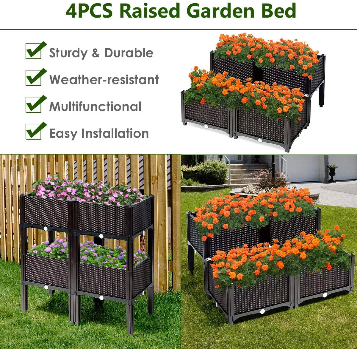 S AFSTAR Raised Garden Bed Kit, Set of 4, Elevated Planter Boxes with Self-Watering Design & Removable Legs, Outdoor Plastic Planter Box for Patio Yard Balcony Gardening, Rattan Pattern (Brown)