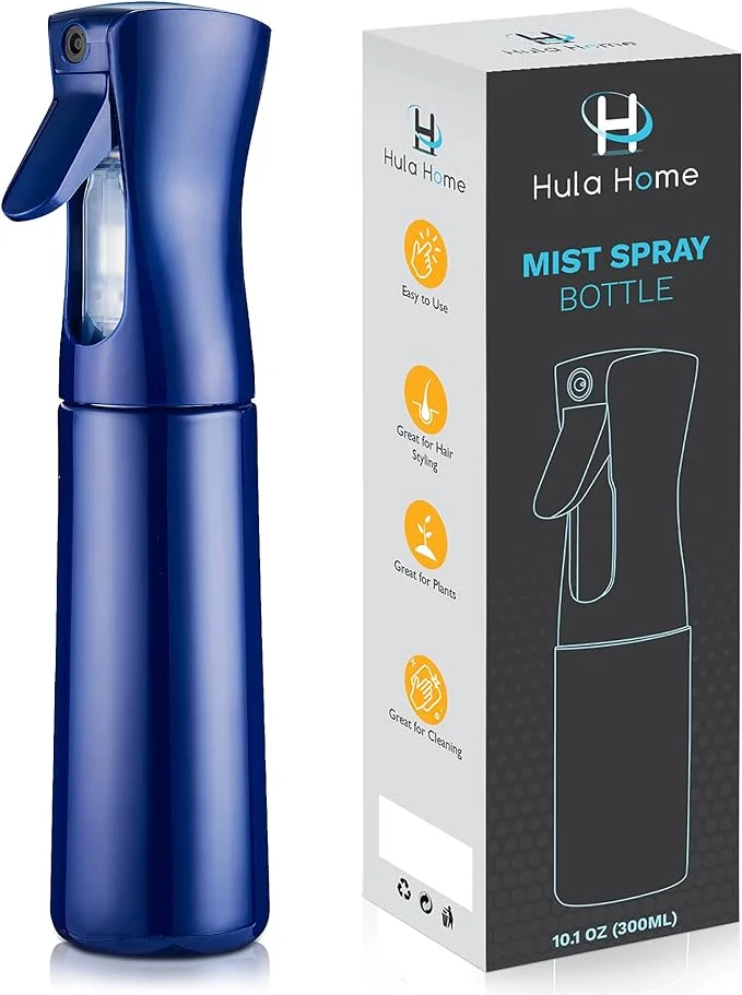 Hula Home Continuous Spray Bottle (10.1oz/300ml) Empty Ultra Fine Plastic Water Mist Sprayer – For Hairstyling, Cleaning, Salons, Plants, Essential Oil Scents & More - Blue