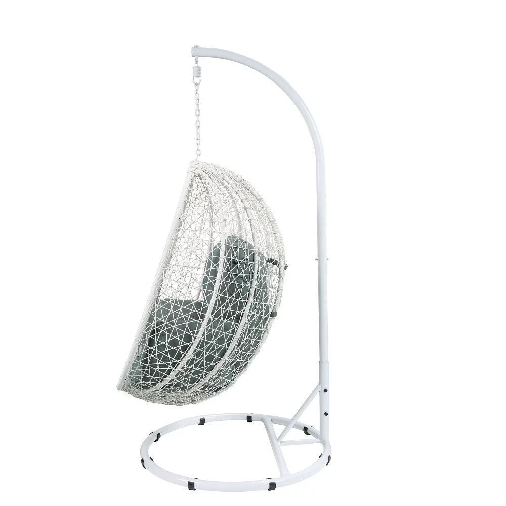 YJTONWIN White Wicker Patio Swing Chair with Stand and Green Cushion