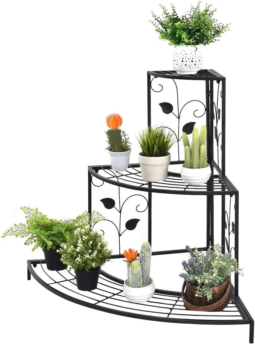 3-Tier Metal Plant Pot Shelf Corner Stand Display Rack Black Modern Contemporary