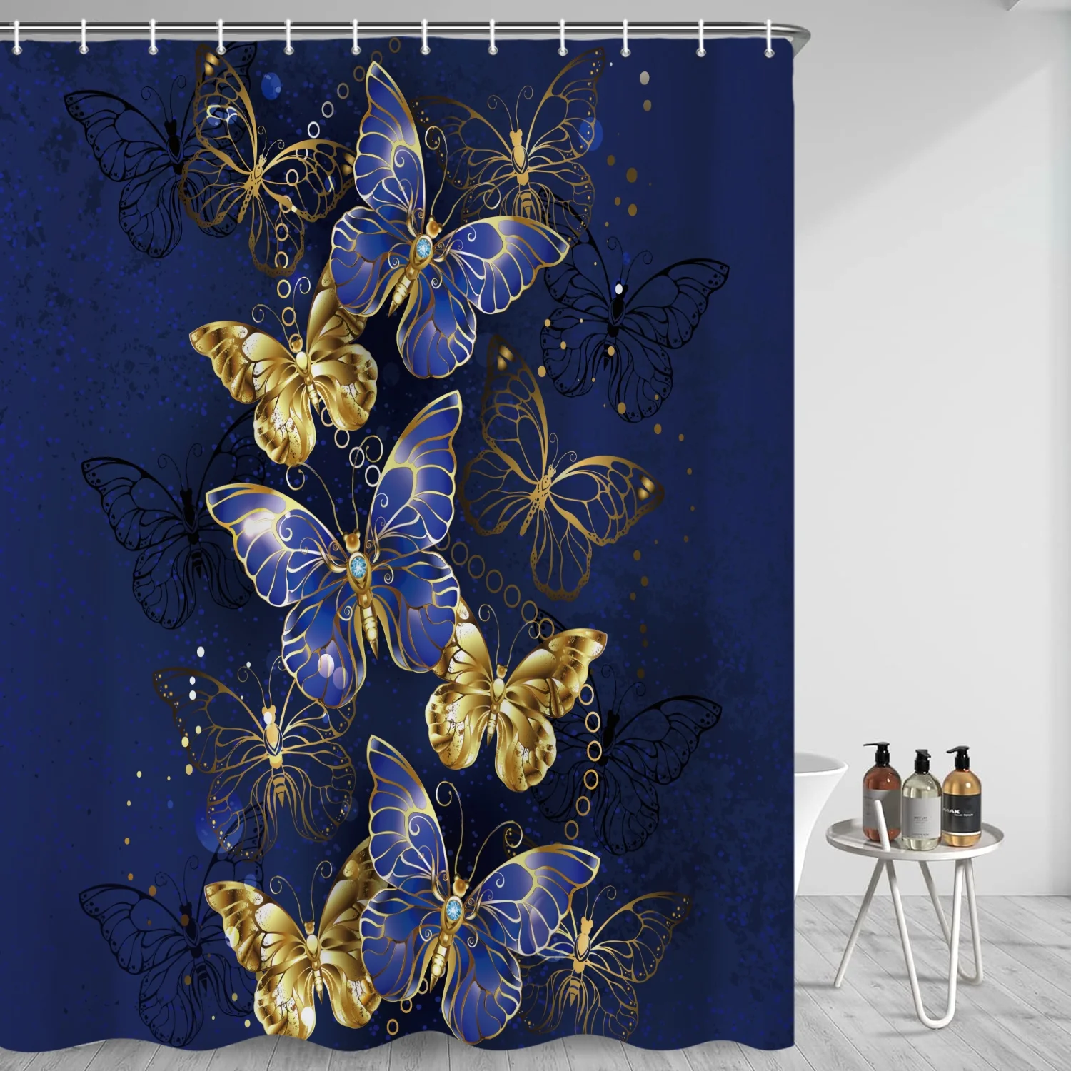 SUNOLIFE Blue Butterfly Shower Curtain Navy Blue Waterproof Fabric Bathroom Curtain with Hooks,72x72 in