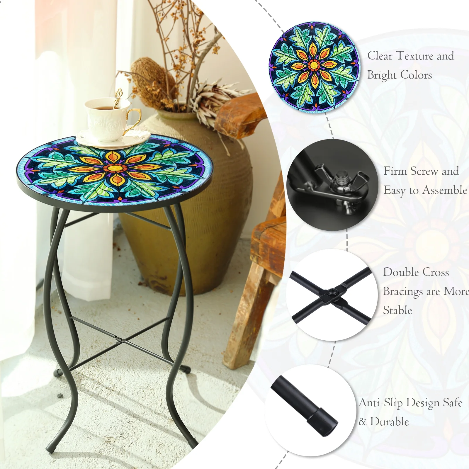 Wonder Garden Patio Side Table Outdoor Accent Table Bistro Coffee Table Plant End Table Small Porch Table Indoor Round Glass Balcony Plant Table Stands