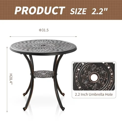 PATIO-IN Outdoor Table Patio Table Dining Table with Umbrella Hole, Round Bistro Table for Lawn Garden, All Weather Metal Black Patio Dining Table (31.5“, Round)