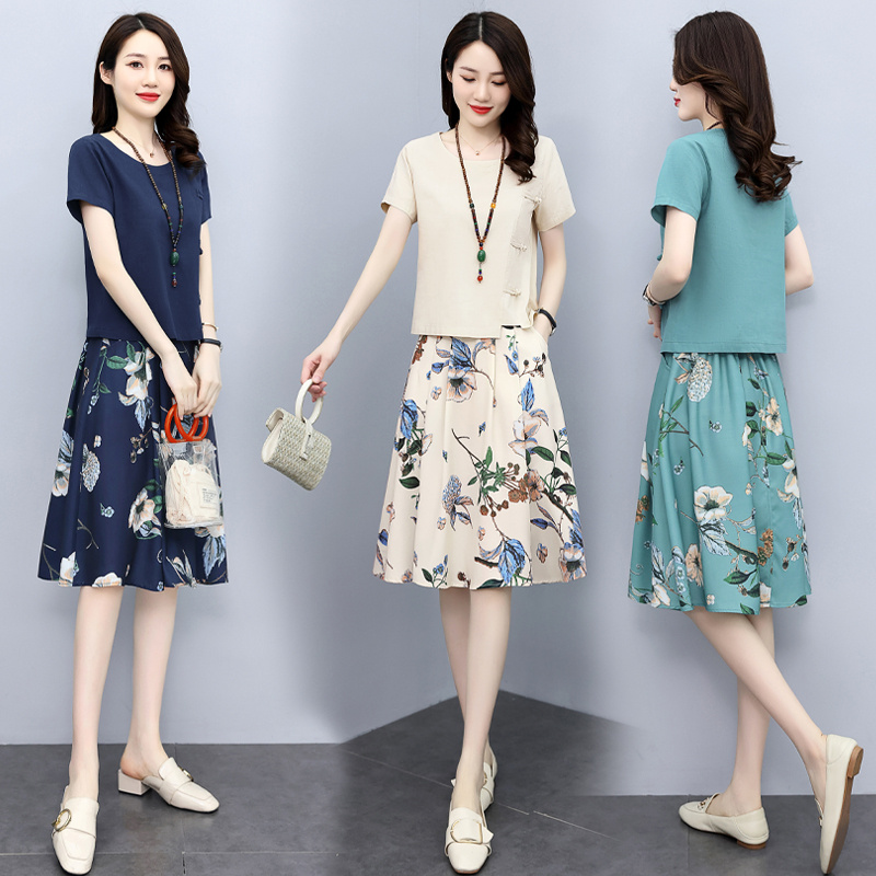 Gjc Encounts Chain Cotton Jacks Literary Printing Set Skirt Summer Women