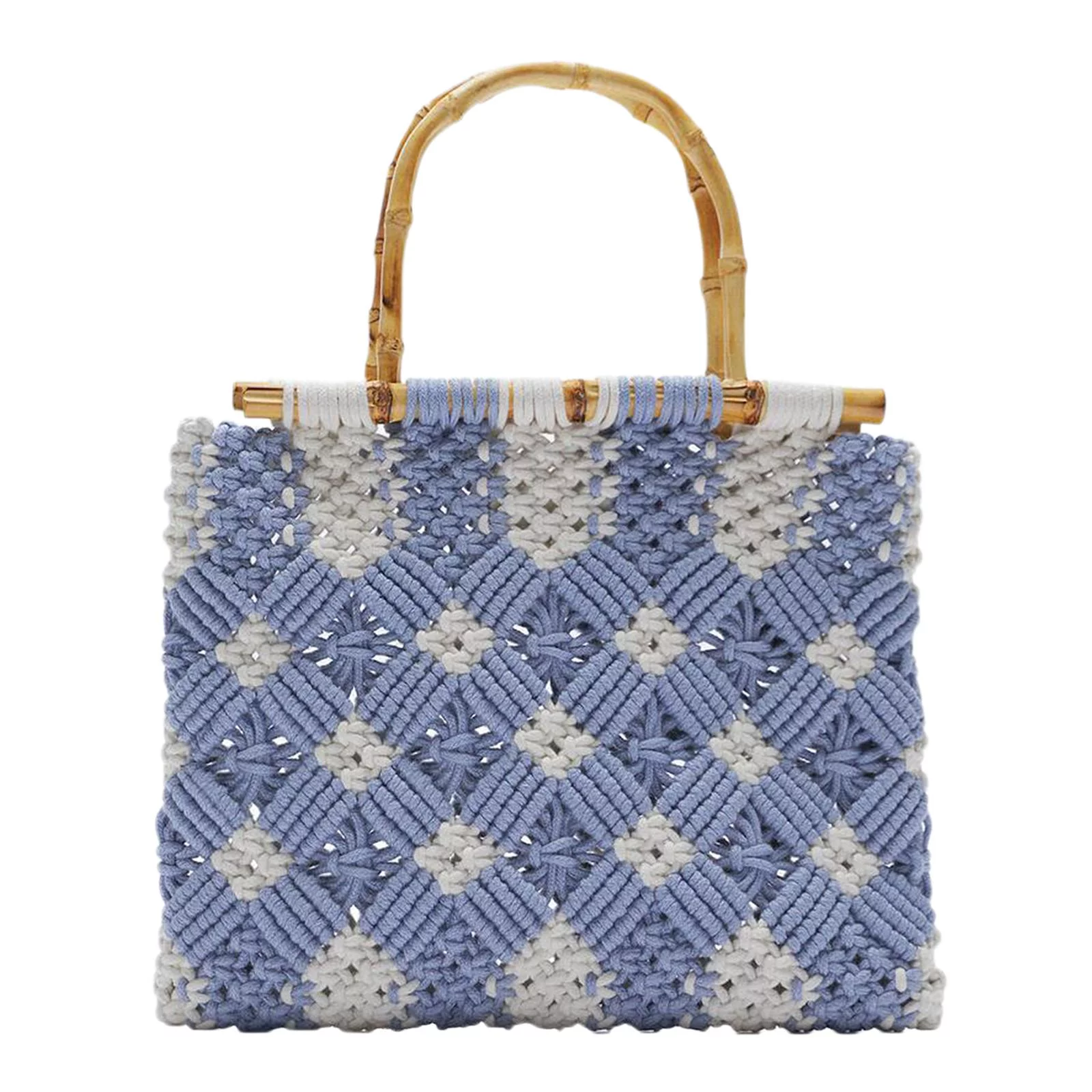 Handmade -handle Woven Shoulder Bag Knit Casual Travel Tote Bag Fashion Beach Handbag Large Capacity Shopping Bag Blue