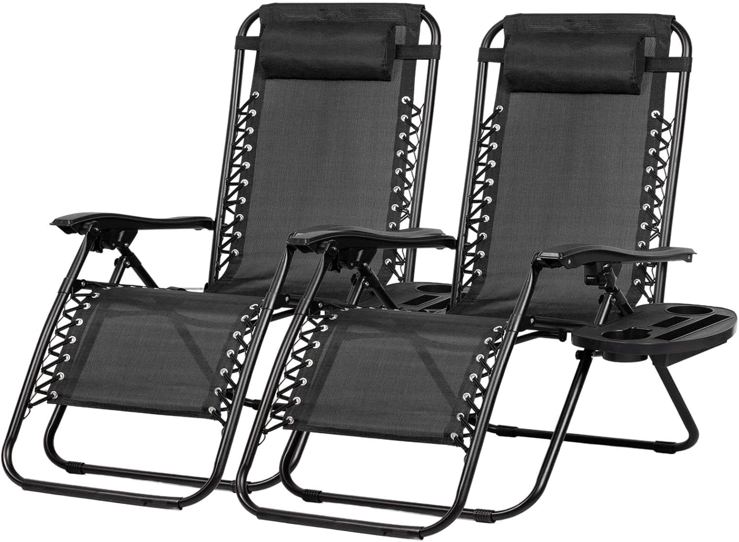 Set of 2 ing Recliners Patio Chairs Adjustable Steel Mesh Lounge Chair Beach Chairs with Pillow and Cup Holder Black