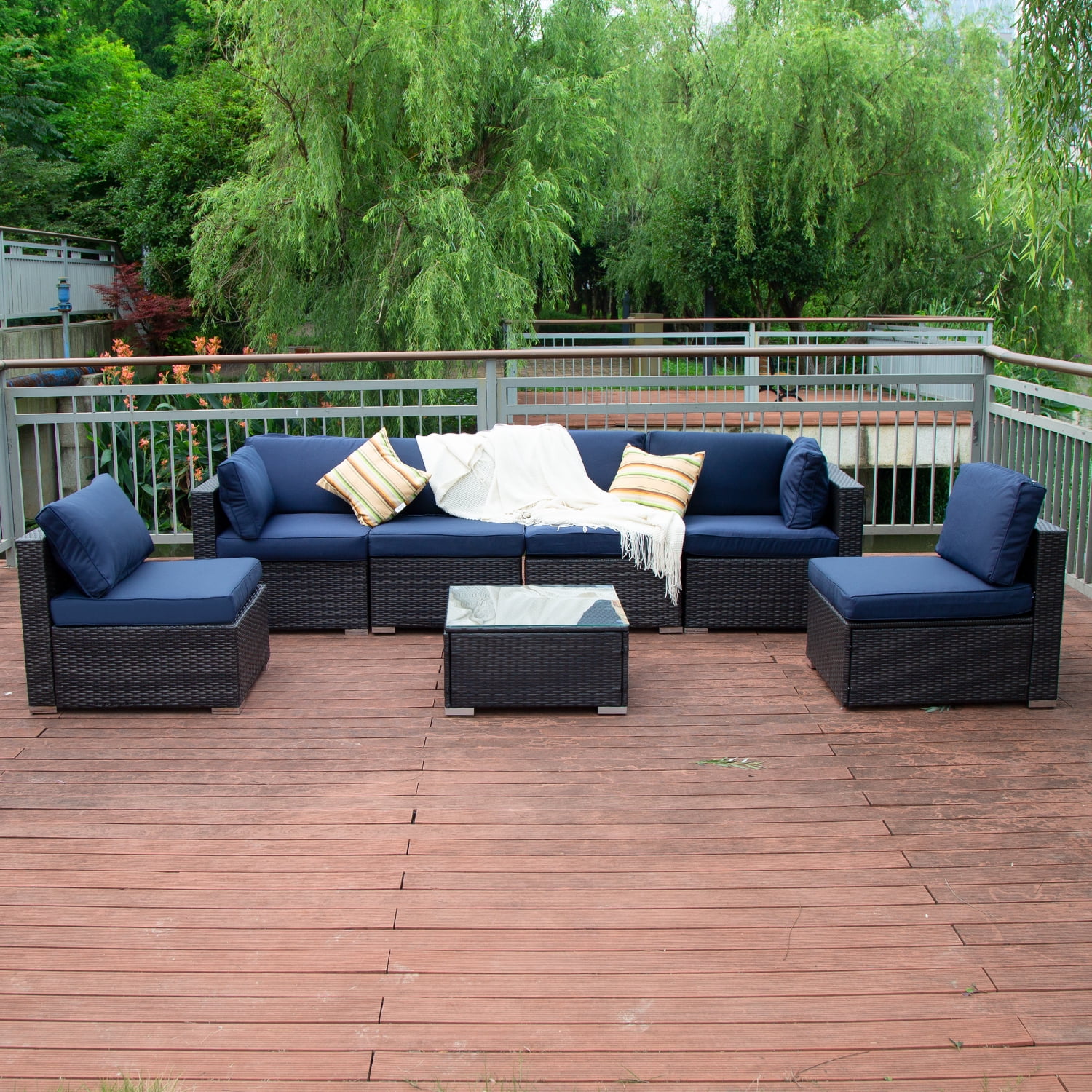 Excited Work 7 Pcs Patio Sofa PE Rattan Outdoor Wicker (BLUE) Patio Conversation Set