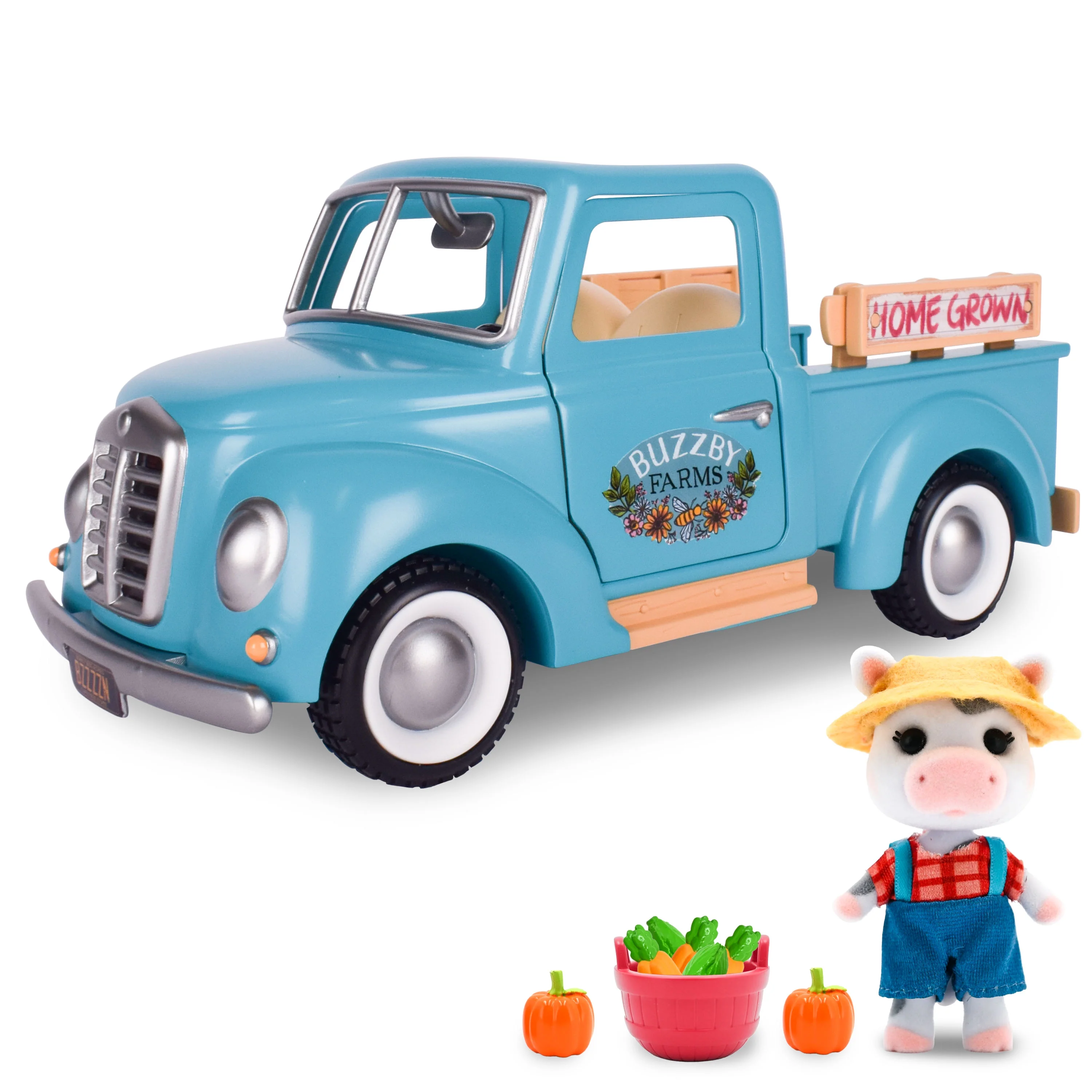 Honey Bee Acres Buzzby Blue Farm Truck with Mini Doll Figure, 10 Pieces, Children Ages 3+
