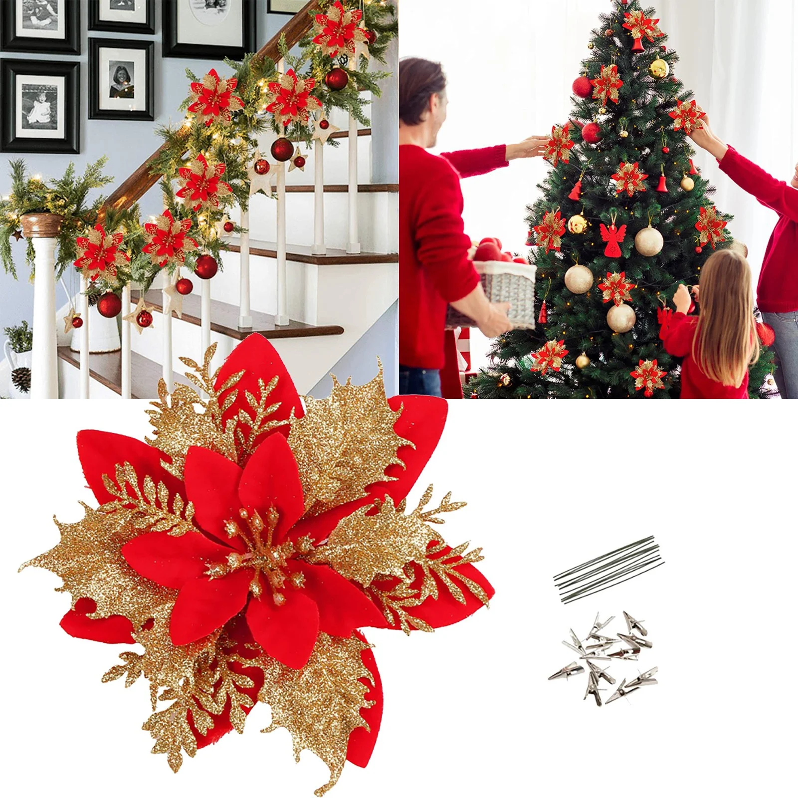 Yeetfub Artificial Flowers for Outdoors Flower Christmas Wreath Accessories Holiday Christmas Tree Decorations Gold Powder Christmas Flowers for Wedding Home Faux Flowers Bulk Gift for Mothers Day