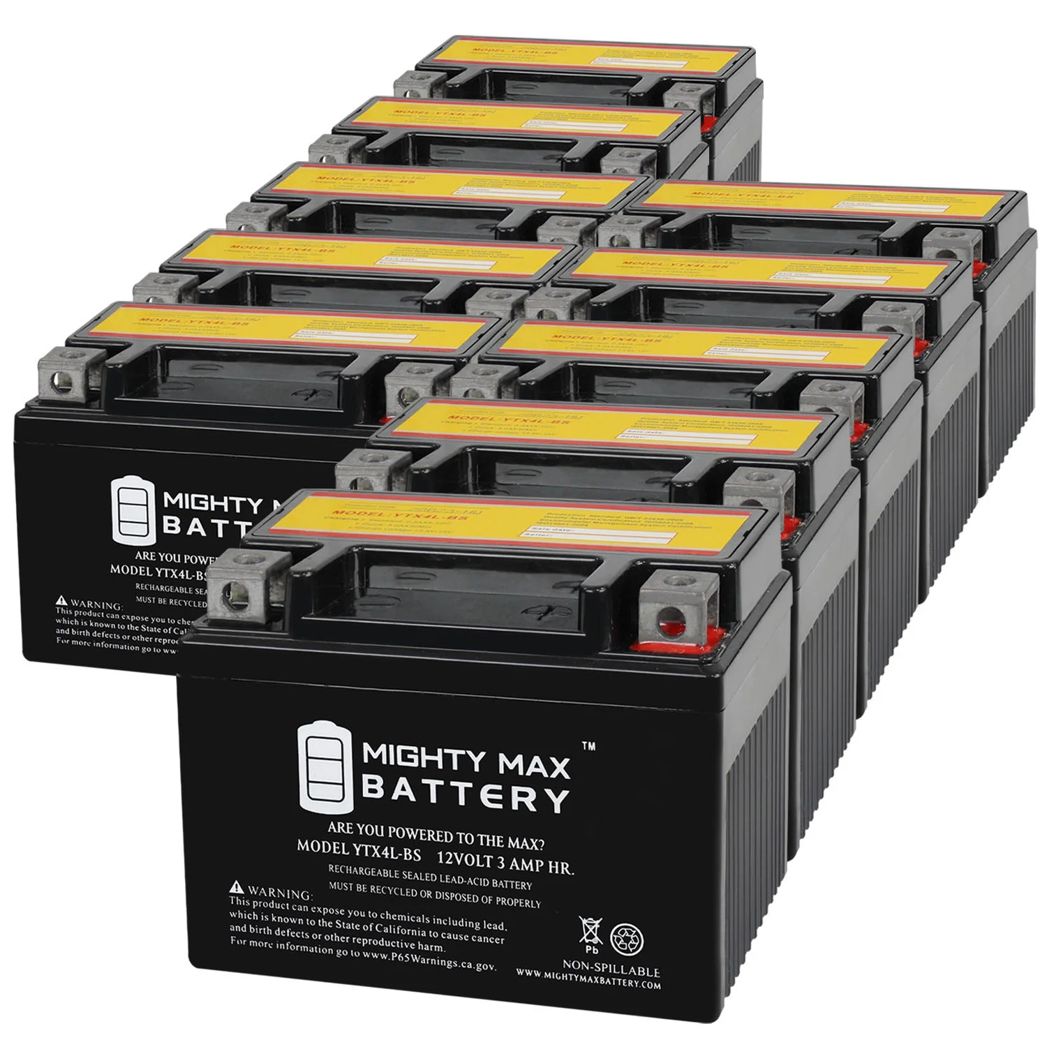 YTX4L-BS 12V 3Ah Replacement Battery compatible with Kawasaki GD700 A52 Snapper Walk Behind Mower - 10 Pack