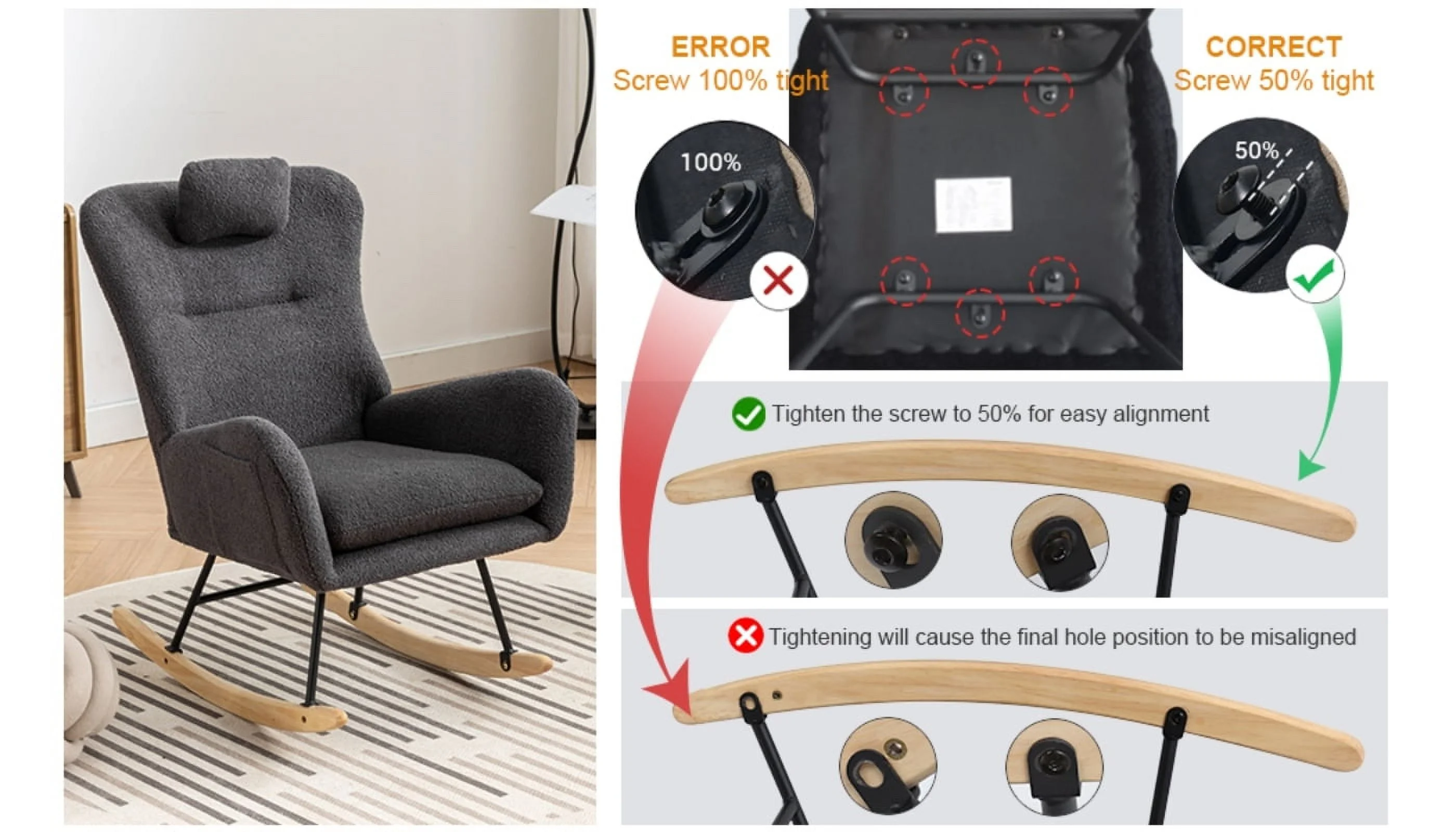 Soft and Cozy 35.5 inch Rocking Chair with Pocket  Plush Teddy Fabric Rocking Chair for Nursery  Comfortable Wingback Glider Rocker with Safe Solid Wood Base for Living Room Bedroom Balco