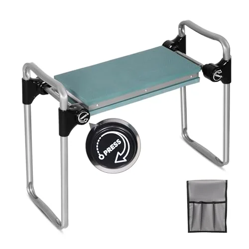 New Generation Garden Kneeler and Seat with Widen Soft EVA Pad Button-Press Design, Foldable and Lightweight, Garden Stool with Tool Bag, Green
