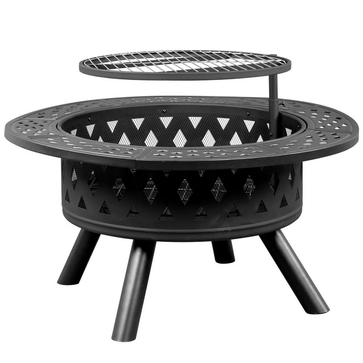 38in round with baking tray, wood-burning brazier, wrought iron, black 38in Metal Fire Pit with Cooking Grates Black