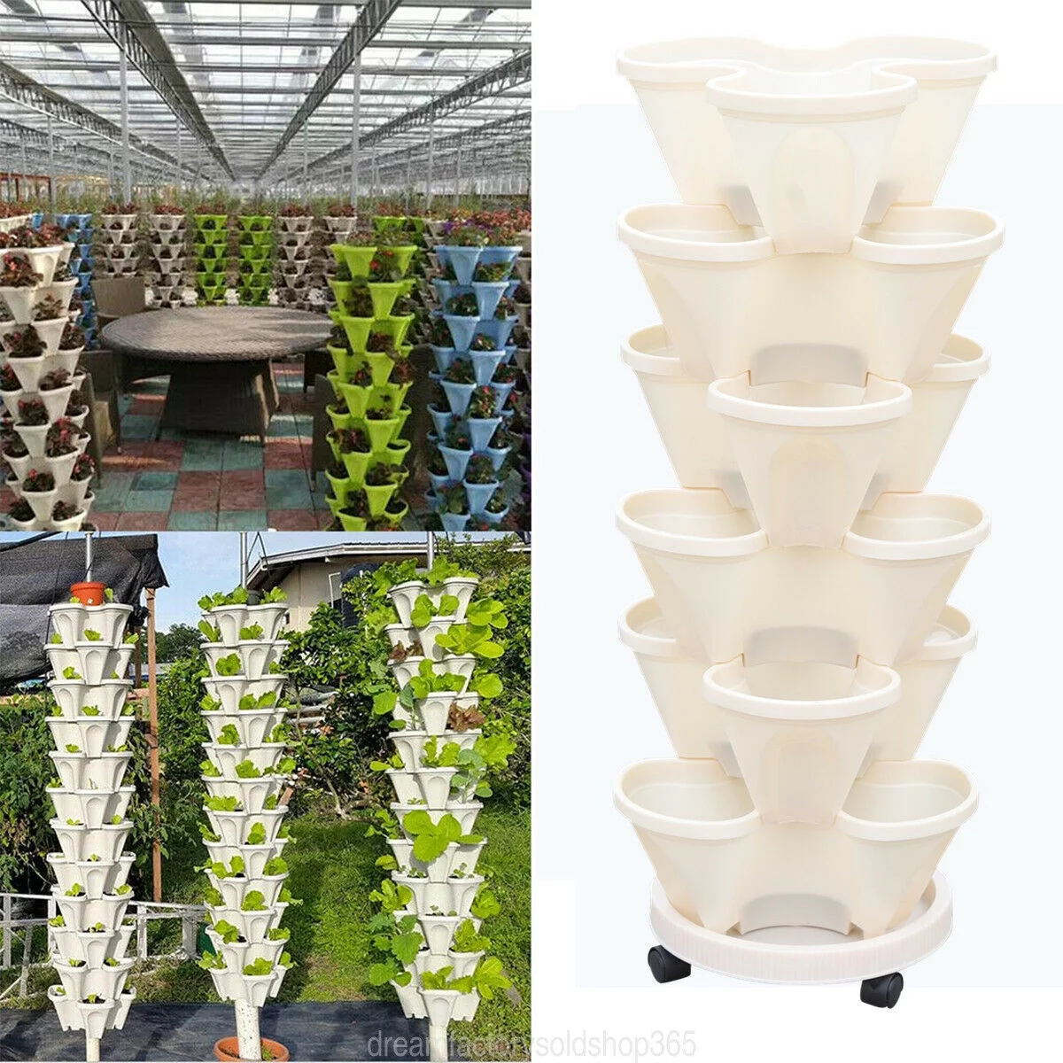 Miumaeov 6 Tier Vertical Garden Tower Plastic Milky Fit Plant Flower Veg Pots Stack