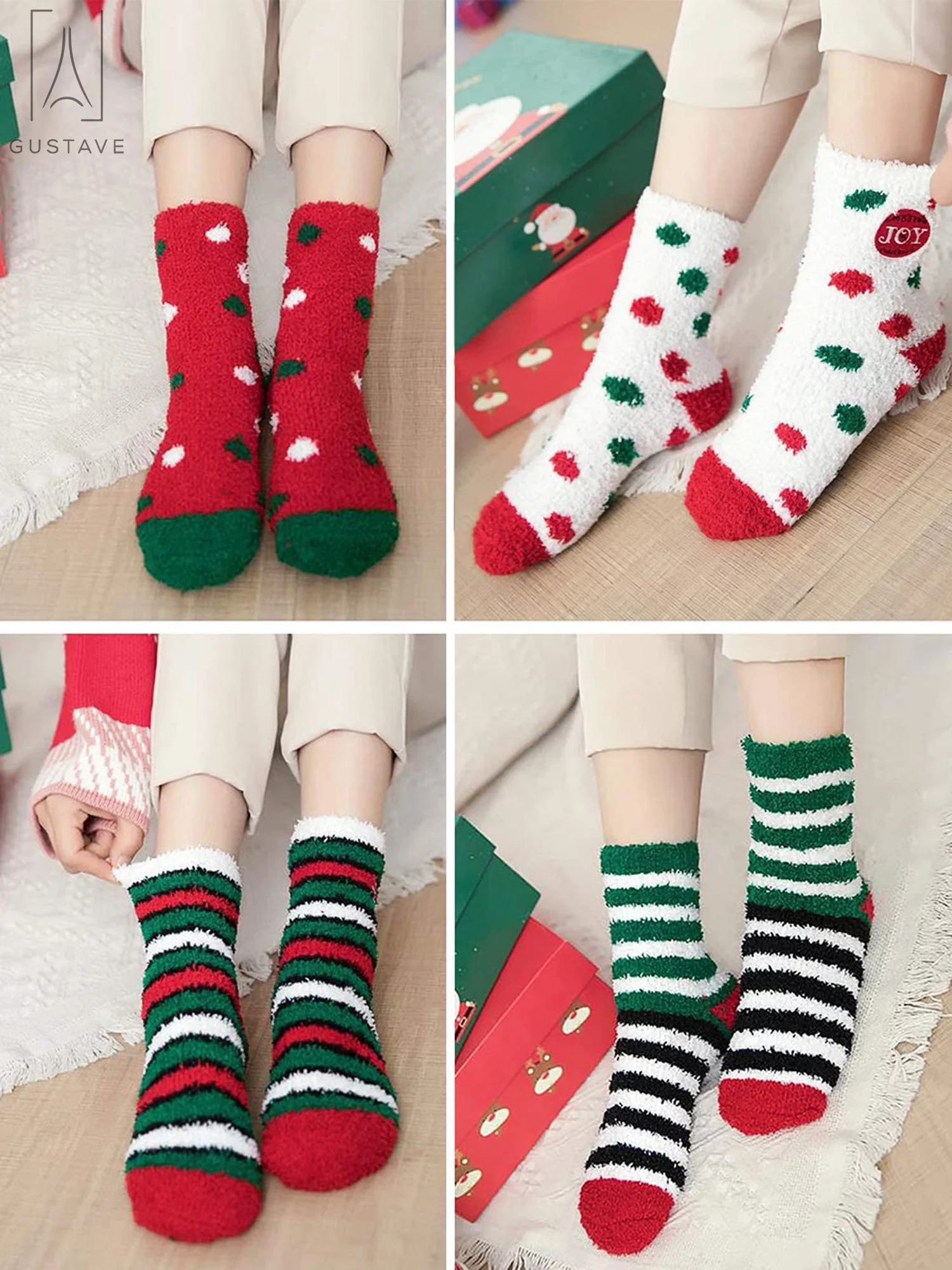 Gustave Christmas Fuzzy Socks, 4 Pairs Cute Coral Fleece Winter Warm Socks Holiday Slipper Sock for Xmas Women Girls 