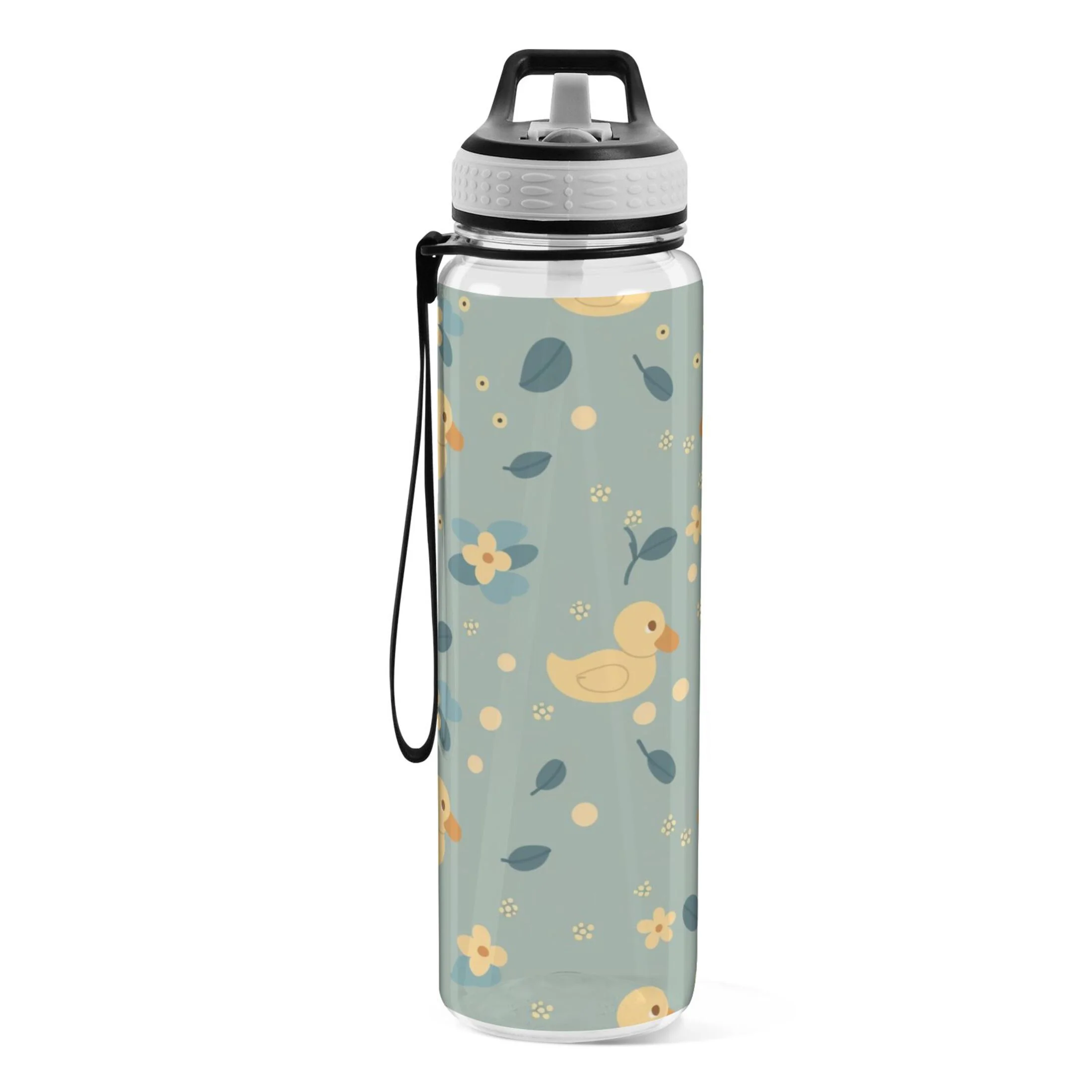 Cute Duck and Floral 32oz Sports Water Bottles Leakproof Tritan Bottle with Straw BPA Free Clear Bottle for Fitness Gym Outdoor Cycling