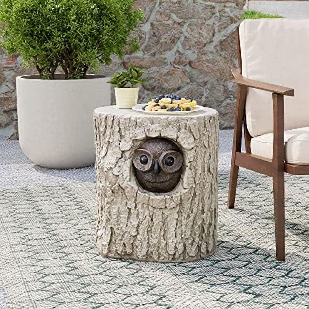SQRTCV Outdoor Antique Beige  Faux Wood  -Painted Wood Stump Stool w Sculpted Owl  Outdoor Accent Table  Ottomans  Plant Stand  Deck or Garden